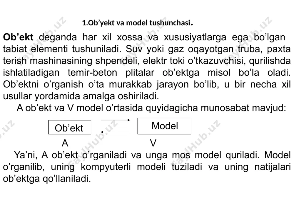 k, geometrik va boshqa xususiyatlari hamda ular orasidagi bog’lanishlar batafsil o’rganiladi. ob’ekt xossa va xususiyatlariga qaysi omillar yetarlicha ta’sir etishi va qaysi omillar esa kam ta’sir etishi aniqlanadi. kam ta’sir etuvchi omillar modelda e’tiborga olinmaydi. ob’ektning matematik modelini tuzishda shu ob’ektning asosiy xossa va xususiyatlari matematik munosabatlar yordamida yozib chiqiladi. boshqacha qilib aytganda, ob’ektni o’rganish jarayonida unga ta’sir etuvchi asosiy omillar matematik apparat(tenglama, tengsizlik, mantiqiy ifoda yoki ularning tizimlari) orqali ifodalanadi. algoritm – berilgan masalani yechishda bajarilishi lozim bo’lgan amallarning qat’iy ketma-ketligidir. har bir masalaning yechish algoritmi bir necha minglab, hatto millionlab amallarni o’z ichiga oladi. dastur tuzish bosqichida tanlangan yoki ishlab chiqilgan algoritm biror algoritmik til orqali ifodalanadi. masalani yechish uchun algoritmik til tanlanayotganda uning soddaligiga hamda imkoniyat darajasiga e’tibor berish kerak. modellashtirishning oxirgi bosqichida, qaralayotgan ob’ektning boshlang’ich xossa va xususiyatlarini ifodalovchi birlamchi sonli qiymatlar tuzilgan dasturga kiritilib, natija olinadi hamda u atroflicha tahlil qilinib, xulosa chiqariladi. model adekvatligini …