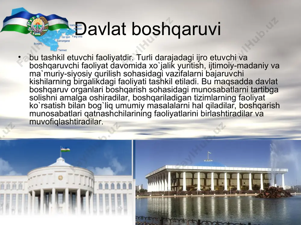 i va ularning faoliyatini tashkil etish asoslarini, fuqarolarning asosiy huquq va majburiyatlarini belgilovchi o`zbekiston respublikasi konstitutsiyasi bosh manba hisoblanadi. 2. ma`muriy-huquqiy me`yorlarni o`zida aks ettirgan qonunlar. 3. o`zbekiston respublikasi prezidentining ma`muriy boshqarish predmetiga taalluqli farmonlari. 4. o`zbekiston respublikasi hukumatining davlat boshqaruvi masalalariga doir qarorlari. 5. o`zbekiston respublikasining qonunlar majmualari, ya`ni o`zbekiston respublikasining ma`muriy javobgarlik to`g`risidagi kodeksi, soliq kodeksi, bojxona kodeksi. 6. vazirliklar va idoralarning buyruq va qarorlari. 7. mahalliy boshqaruv organlarining farmoyish va qarorlari. 8. davlat korhonalari, muassasalari va tashkilotlari mansabdor shaxslarning boshqaruv hujjatlari (buyruq, yozma va og`zaki ko`rinishdagi farmoyish). ma`muriy huquqning asosiy tamoyillari: 1. qonuniylik, adolat. 2. davlat boshqaruvida fuqarolarning ishtiroki. 3. fuqarolarning tengligi, erkinligi. 4. davlat boshqaruvida sohaviylik va hududiylikni hisobga olish. 5. vakolat doirasida javobgarlik. 6. davlat boshqaruvida jamoaviylik. ma`muriy-huquqiy munosabatlar-bu ma`muriy huquq normalariga asoslangan munosabatlardir. ularning mazmuni sub`yektlarning huquq va majburiyatlari hisoblanadi. 1. agar fuqarolardan biri ikkinchisiga nisbatan huquqli vakolatga ega bo`lmasa, ular o`rtasida ma`muriy munosabatlar …