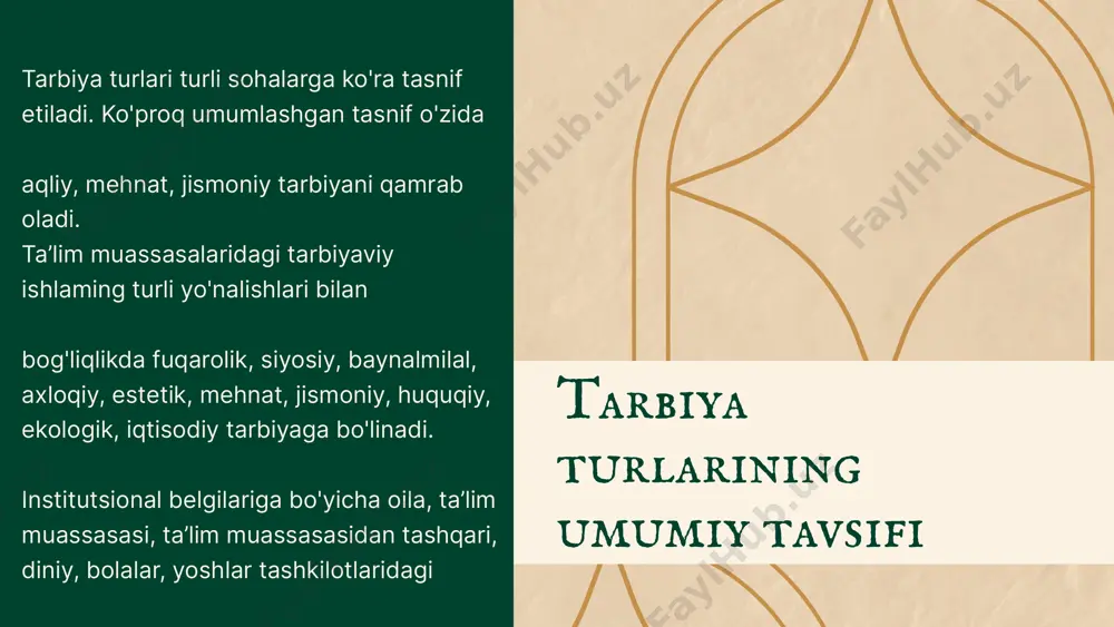 qarashlar va estetik lazzatlanish ularning ichki dunyosiga kirib bormagan. buning uchun shaxs estetik madaniyatini shakllantirishning muhim tarkibiy qismlari - estetik qiziqish, estetik ehtiyoj, estetik ong, estetik mulohaza, estetik did, estetik idealni tarkib toptirish, ularning psixologik-pedagogik jihatlarini asoslash lozim. eʼtiboringiz uchun tashakkur! image1.png image2.svg image3.jpeg image4.png image5.svg image6.png image7.svg image8.png image9.svg image10.png image11.svg image12.png image13.svg image14.png image15.svg image16.png image17.svg /docprops/thumbnail.jpeg