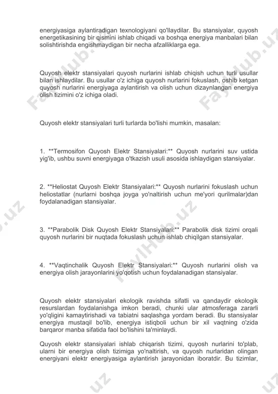 i usullar qo'llaniladi. misol uchun, parabolik disk, heliostatlar yoki fresnel lenslar orqali quyosh nurlarini bir nuqtada yig'ib olish tizimlari ishlatiladi. 2. **fokuslash va isitish:** - to'plangan quyosh nurlari fokuslash tizimlariga yo'naltiriladi. bu fokuslash jarayoni quyosh nurlarini bir nuqtada to'plab, ularni intensivlashtiradi va energiyani olish uchun ishlatadi. 3. **isitish suvini (helm) ishlatish:** - quyosh nurlarini fokuslash natijasida yuqoriga ko'tarilgan temperaturada isitilgan suv ishlatiladi. isitish suvi, buhar yaratish uchun ishlatiladi. 4. **turbina va generator:** - isitish suvi turbinaga yoniladi, turbinadan o'tadigan gazyetlar energetik energiya olish jarayonida ishlatiladi. - turbina va generator, mehmonxona sinfi yo'lovchilar yordamida elektr energiyasini olish uchun ishlatiladi. 5. **elektr tarmoq va tarqatuv:** - quyosh elektr stansiyasidan olingan elektr energiya elektr tarmoq orqali tarqatiladi va iste'mol qiluvchiga yetkaziladi. bu bosqichlardan o'tib, quyosh elektr stansiyalari ishlab chiqarish tizimi o'z ishini bajaradi va quyosh nurlaridan olingan energiyani elektr energiyasiga aylantiradi. bu tizimlar, energetika sohasida ishlab chiqilgan energiyani yaxshi o'tkazish, ishlab chiqarish jarayonlarini …