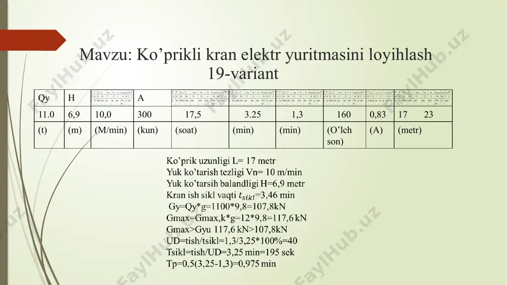 ovchi elemantlarning ogirligi boʻlib, uni quyidagicha aniqlaymiz: gy.u.e. = (0,01…0,03) ∙ gy = 0,017*107,8=1,832 kn fu=ft*ku=27,9*0,82=22,8kn fu=27,9*5,5=153,45 kn fun>fu 153,45kn>22,8kn fu=153,45kn po’lat arqon arqon diamteri d=18mm sim yuzasi s=124,73 hisobiy massasi m=1220,0 barabanning diametrini xisoblash: db=e * da= 30*18=540 mm db=540mm blok diametrini ilovadan 500mm ligini tanlab olamiz ko‘prikli kranning kinematik sxemasi koʻprikli kranning yuk kotarish va aravacha mexanizmi uchun yuklama diagrammasini qurish hamda dvigatel tanlash. ko‘tarilishda va tushirishda statik momentlar: mk=(qy+qt)*g*rb/n*i*ir=(11000+110)*9,8*0,255/0,8*85*1=408,2 nm mtushish=(qy+qt)*g*rb/n*i*ir= (1100+110)*9,8*0,255*0,8/85*1=261,3 nm bunda g ─ erkin tushish tezlanishi qy, qil ─ yuk (gruz) va ushlash (ilgak) moslamasi massasi qil = qy ∙0,01 rb ─ barabanining radiusi, ir = 85 uzatishlari soni, ip =1 polispastning uzatishlari soni,  =0,8 uzatish fik. sikl vaqti: ts=tyuq+tpast+2tp=tish+tp, bunda tyuq – ko‘tarilish vaqti, tpast ─ tushirish vaqti, tp ─ pauza vaqti, tish ─ ish vaqti. tyuq=tpast=h/ʋ=6,9/10,0=0,69 sek bunda h ─ ko‘tarish balandligi, ʋ ─ ko‘tarilish tezligi. ko‘prikli kranning aravacha mexanizmini yurituvchi …