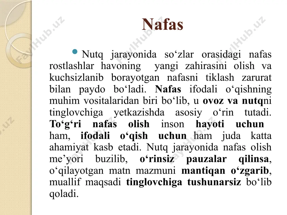 charchatadi. me’yorda so‘zlashga imkon bermaydi. 2. ko‘krak-qorin orqali nafas olish. bunday nafas olganda o‘rta qovurg‘alar, biqin harakatga keladi, ya’ni ular kengayadi. 3. aralash nafas olish, ya’ni pastki qovurg‘alar, diafiragma ishtirokida nafas olish. bunda ko‘krak qafasi va kiftlar ko‘tarilmaydi. so‘zlaganda ravon, hovliqmasdan tabiiy nafas olish, uni kerakli ohang talabiga ko‘ra sarflash zarur. s.inomxo‘jayev, a.zunnunovlar tomonidan yaratilgan “ifodali o‘qish asoslari” o‘quv qo‘llanmasida nafas faoliyatini yaxshilash uchun quyidagi besh xil nafas mashqi tavsiya qilinadi: 1. kontrol mashq. bu nafasning diafragmal-aralash usulda to‘g‘ri olinishini nazorat qilish maqsadida o‘tkaziladigan mashqdir. uni o‘tkazishda tik va erkin turib, ikki qo‘l bilan ikki (oxirgi) qovurg‘ani bosib, ohista, chuqur nafas olinadi va yana asta-sekin nafas chiqariladi. bunda ko‘krak qafasi va yelka ko‘tarilmaydi. chuqur nafas yetimcha qovurg’a ustiga qo‘yilgan qo‘lni ikki yonga ko‘taradi. mashq yaxshi o‘zlashtirilgunga qadar muntazam davom ettiriladi. 2. qorinni tortish mashqi. bu mashq chuqur nafas olib, o'pka havo bilan to‘ldirilgach, nafasni chiqarmay, “ushlab” turgan holda, qorinni yuqoriga …