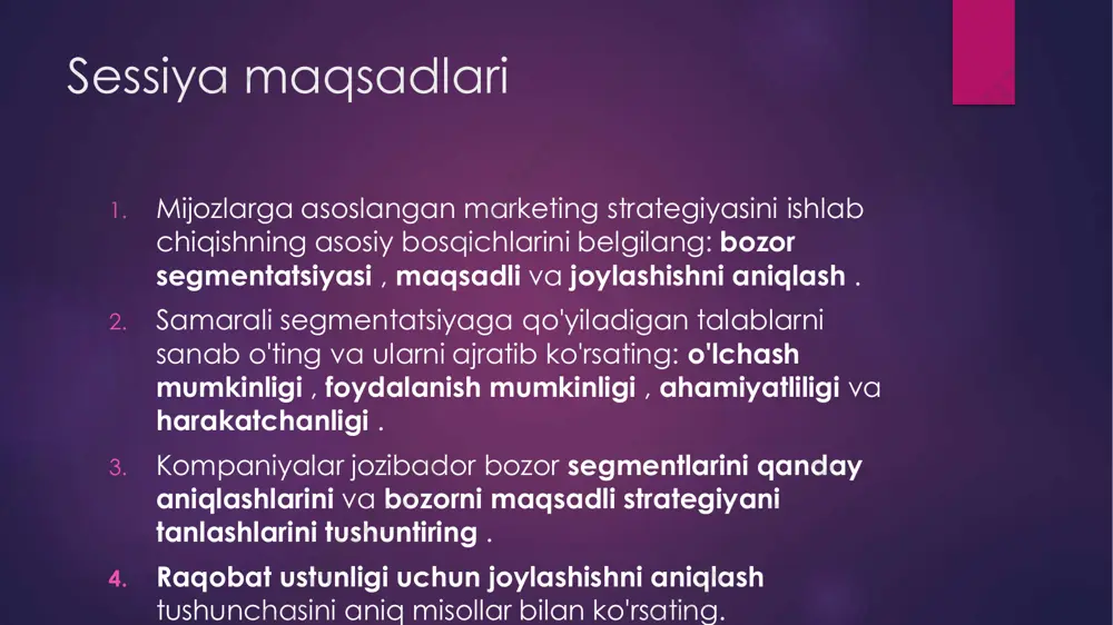 a katta yoki foydalidir. o'lchanadigan foydalanish mumkin muhim harakat qilish mumkin •segmentlarni jalb qilish va ularga xizmat ko'rsatish uchun samarali dasturlar ishlab chiqilishi mumkin. samarali segmentatsiyaga qo'yiladigan talablar bozorni maqsadli belgilash  bozor segmentlarini baholash  bozor segmentlarini tanlash  bozorni qamrab olish strategiyasini tanlash bozor segmentlarini baholash  segment hajmi va o'sishi  segmentning tarkibiy jozibadorligi  kompaniyaning maqsadlari va resurslari bozor segmentlarini tanlash konsentrlanga n farqlanmagan differensiallashg an marketing strategiyalari bozor segmentlarini baholash hajmi va o'sishi strukturaviy jozibali - ness kompaniya maqsadlar & resurslar joylashtirish strategiyasi raqobat ustunliklarini aniqlash raqobat ustunliklarini tanlash tanlangan pozitsiyani samarali muloqot qilish farqlanish usullari boshqaruv orientatsiyalar joylashtirish xatolari joylashuv ostida ortiqcha - joylashtirish sarosimada joylashtirish qaysi farqlar? muhim o'ziga xos yuqori muloqot qilish mumkin oldindan hamyonbop foydali to'g'ri raqobatdosh ustunliklarni tanlash qochish : past joylashtirish - kompaniyani umuman joylashtira olmaslik haddan tashqari joylashtirish - xaridorlarga kompaniyaning juda tor rasmini berish chalkash joylashish - …