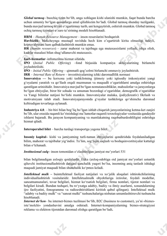 arning eng asosiy turi bch - bitcoincash – bitkoinning egizagi. davlat hizmatlari yagona portali–o’zbekiston respublikasi davlat organlari tomonidan huquqiy va jismoniy shaxslarga ko’rsatiladigan hizmatlarning yagona virtual maydoni. elektron demokratiya – bu ishlab chiqarish texnologiyasida ro‘y beradigan revolyusion o‘zgarishlar ijtimoiy qarorlar qabul qilish texnologiyalаrida revolyusion o‘zgarishlarni, ya’ni siyosiy tizimda tubdan o‘zgarishlarni talab etishini ta’kidlovchi konsepsiyadir. bu konsepsiya asosida to‘g‘ridan-to‘g‘ri demokratiya yotadi, ya’ni jamiyat qarorlarini qabul qilish tamoyillari tanlangan vakil tomonidan emas, balki bilvosita oddiy fuqaroning elektron saylash jarayonida ishtirok etishi orqali amalga oshiriladi. east – european atm security team – evropa bankomatlar havfsizligi komandasi ede – elektronic document exchange – hujjatlarini elektron almashinuvi edi – electornic data interchange – malumotlar bilan elektron usulda almashinish eps – elektronic procurement interchange – haridlarning elektron tizimi erp–enterprise resource planning – korxona resurslarini rejalashtirish e-sqmsu – elektron hizmatlar va platformalar sifatini baholash uslubiyati elektron kottej– ishchining uy sharoitida joylashgan kerakli telekommunikatsion vositalar bilan jihozlangan ish …