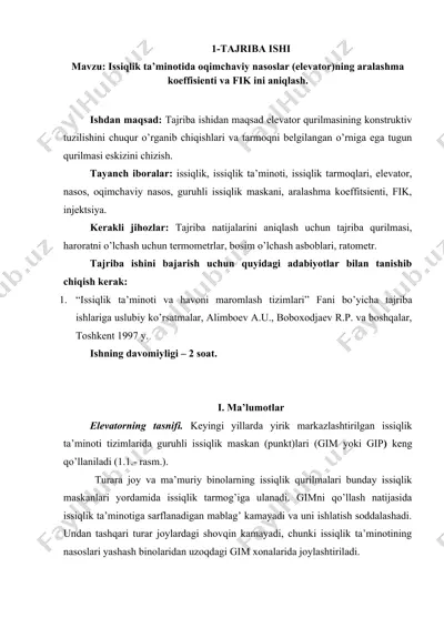 issiqlik ta’minotida oqimchaviy nasoslar (elevator)ning aralashma koeffisienti va fik ini aniqlash — DOCX