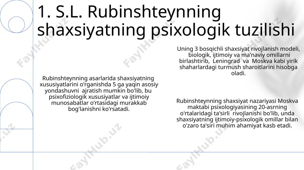 amentini 4 asosiy tipga bo‘lish (sanguinik, flegmatik, xolerik, melanxolik) rossiya psixologiyasida keng qo‘llanilgan bo‘lib, bu galen va gipokrat ta’limotiga asoslangan. 6. shaxsiyatning temperament va xarakter xususiyatlari 1930-yillarda sovet davrida shaxsiyatning ijtimoiylashuvi, leningrad va moskva kabi yirik shaharlardagi bolalar uylari va pioner lagerlaridagi ta’lim tizimlari orqali faol ravishda boshqarilgan. o'zbekistonning ba'zi hududlaridagi tadqiqotlar shuni ko'rsatdiki, shaxsiyatning ijtimoiylashuvi jarayonida oilaviy ta’lim va an’anaviy qadriyatlarning ta’siri 30% dan yuqori. shaxsiyatning ijtimoiylashuv jarayonida, 5 yoshdan 15 yoshgacha bo'lgan bolalarning ijtimoiy rollarini o'rganish, kollektivizm va mehnatga bo'lgan munosabatlarga alohida e'tibor qaratilgan. 7. shaxsiyatning ijtimoiylashuv jarayoni p.p.blonskiyning shaxsiyat rivojlanish nazariyasi 3 ta asosiy bosqichga boʻlinadi: embrional, bolalik va oʻsmirlik, bu bosqichlar moskva psixologik maktabining ta'siriga ega. blonskiyning fikricha, 7 yoshgacha bo'lgan bolalarda hissiy-iroda sohasi ustun boʻlib, keyinchalik aqliy jarayonlarning rivojlanishi bilan intellektning ahamiyati orta boradi, bu jarayon sankt-peterburgda olib borilgan tadqiqotlar bilan tasdiqlangan. shaxsiyatning rivojlanishida ijtimoiy muhitning ahamiyatini ta'kidlab, blonskiy oila, maktab va tengdoshlar guruhi kabi …