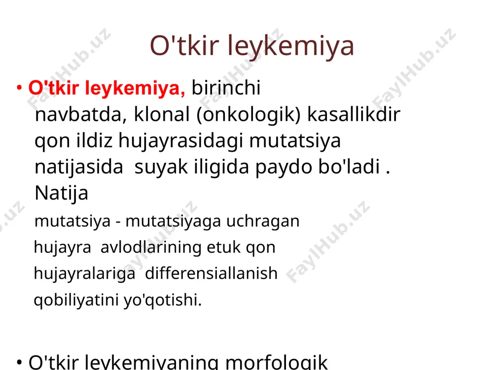 dalash darajasining ortishi bilan hujayraning normal o'sishi va differentsiatsiyasining nazorati buziladi, bu esa hujayra transformatsiyasiga olib keladi. bunday faollashgan protoonkogenlar odatda onkogenlar deb ataladi, • 2) supressor genlar (antionkogenlar) - asosiy tartibga soluvchi oqsillarni kodlovchi genlar, ularning yo'qolishi proliferatsiya nazoratining buzilishiga olib keladi. ikkala guruhni tashkil etuvchi ko'pchilik genlarning mahsuloti transkripsiya omillari - dnk bilan bog'lanib, uning transkripsiyasiga ta'sir qiluvchi oqsillardir. h • natijasida kelib chiqadigan transkripsiya omili buzilishlari xromosomalarning qayta tuzilishi, leykemiyada muhim rol o'ynaydi. o'zgartirilgan hujayralar kloni mavjud. bunday hujayralarda takroriy mutatsiyalar osongina yuzaga keladi, ko'proq avtonom va tajovuzkor subklonlar paydo bo'ladi , bu o'sma jarayonining o'sib borayotgan rivojlanishiga sabab bo'ladi . o'simtaning organlar va to'qimalarga tarqalishi metastaz bilan sodir bo'ladi. o'l patogenezi leykogenez jarayonini quyidagicha soddalashtirish mumkin: hujayra genomidagi kanserogen omillar ta'sirida mutatsiyalar sodir bo'lib , faol faoliyat ko'rsatuvchi onkogenlarning paydo bo'lishiga olib keladi , onkoproteinlar ishlab chiqarila boshlaydi , bu esa o'zgargan hujayraning ko'payish, differensiallanish va …