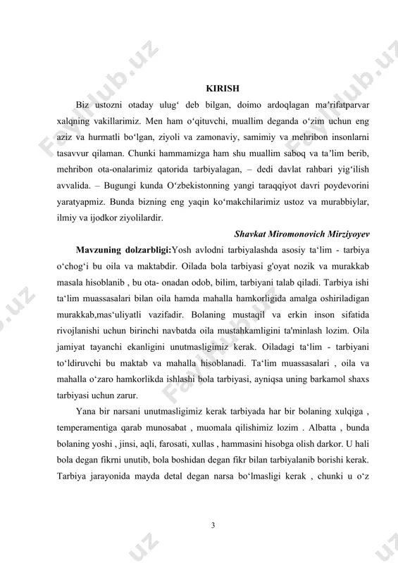 , tarbiyani talab qiladi. tarbiya ishi ta‘lim muassasalari bilan oila hamda mahalla hamkorligida amalga oshiriladigan murakkab,mas‘uliyatli vazifadir. bolaning mustaqil va erkin inson sifatida rivojlanishi uchun birinchi navbatda oila mustahkamligini ta'minlash lozim. oila jamiyat tayanchi ekanligini unutmasligimiz kerak. oiladagi ta‘lim - tarbiyani to‘ldiruvchi bu maktab va mahalla hisoblanadi. ta‘lim muassasalari , oila va mahalla o‘zaro hamkorlikda ishlashi bola tarbiyasi, ayniqsa uning barkamol shaxs tarbiyasi uchun zarur. yana bir narsani unutmasligimiz kerak tarbiyada har bir bolaning xulqiga , temperamentiga qarab munosabat , muomala qilishimiz lozim . albatta , bunda bolaning yoshi , jinsi, aqli, farosati, xullas , hammasini hisobga olish darkor. u hali bola degan fikrni unutib, bola boshidan degan fikr bilan tarbiyalanib borishi kerak. tarbiya jarayonida mayda detal degan narsa bo‘lmasligi kerak , chunki u o‘z o'rnida g'oyat muhim bo'lishi mumkin." bolani faqat u bilan gaplashganda , nasihat qilganda yoki unga biror narsa buyurgandagina tarbiyalayman deb o‘ylamang. siz bolani turmushingizning har …
