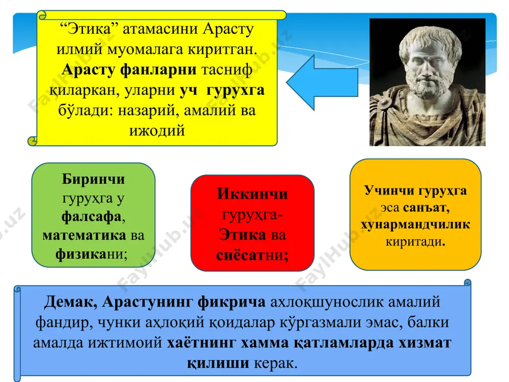 нарсасини амалга оширишда қатъийлик кўрсатсин, қўрқмас, жасур бўлсин, қўрқиш ва ожизликни билмасин. ахлоқшунослик фанининг асосий функциялари бошқарув инсонийлаштириш тарбиявий қадриятга йўналтирув коммуникатив ахлоқий категориялар муҳаббат ва нафрат унинг объекти доимо гўзаллик, манфаатсиз гўзаллик. у - аллоҳми, ватанми, ёрми,фарзандми- муҳаббат эгасига унданда гўзалроқ нарса йўқ. эзгулик - инсонга энг кучли маънавий лаззат бағишлайдиган, уни ижтимоий шахсга айлантириб, ҳақиқий бахтга олиб борувчи фазилат. ёвузлик эса бегуноҳ кишиларни қонини тўкиш инсонийлик қиёфасини буткул йўқотиш эзгулик ва ёвузлик яхшилик ва ёмонлик шахснинг одобига, хулқига боғлиқ бўлган ижобий ҳодиса. унда мардлик, очиқкўнгиллилик, ҳалоллик сингари ахлоқий меъёрлар тажассум топади. яхшиликнинг зидди, шахс ва жамият тараққиётига тўсқинлик қилувчи иллат. ёлғончилик, пасткашлик, мунофикдик, беҳаёлик, номардлик,хиёнат каби тушунчаларда намоён бўлади. адолат унда жамиятни тартибга солувчилик хусусияти бор, унда ҳам ахлоқий, ҳам ҳуқуқий талаблар мужассамлашган. шафқат шафқатнинг илдизи инсон шахсига бўлган муҳаббатга бориб тақалади кишининг бирор шахс, оила, жамоа, эл-юрт, ватан олдидаги мажбуриятини англатувчи ахлоқий тушунча. виждон бурч шахснинг ахлоқий …