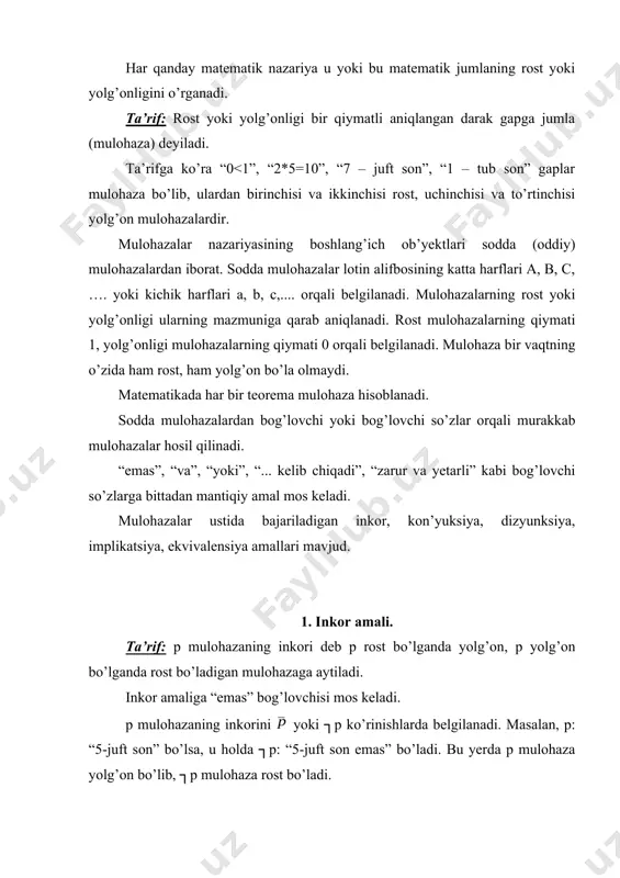 stunidan bitta ustun mos keladi. bu ustunni qiymatlar ustuni deb yuritamiz. ta’rif: qiymatlari ustuni teng bo’lgan mulohazalar o’zaro teng kuchli mulohazalar deyiladi. masalan: p=>q va ┐q=>┐ p mulohazalarning teng kuchliligini quyidagi rostlik jadvali orqali ko’rsataylik: p q ┐p ┐q p=>q ┐q=>┐p 1 1 0 0 1 1 1 0 0 1 0 0 0 1 1 0 1 1 0 0 1 1 1 1 p=>q va ┐q=>┐p mulohazalarning ustuni bir xil bo’lgani uchun p=>q=┐q=>┐p bo’ladi. mulohazalar va ular ustida bajariladigan mantiqiy amallar birgalikda mulohazalar algebrasi deb yuritiladi. tarif: 1. p, q, r,... lar mulohazalar algebrasining formulalaridir. 2. agar p va q lar mulohazalar algebrasining formulalari bo’lsa, u holda ┐p, pq, pq, p=>q, pq ham formula bo’ladi. 3. mulohazalar algebrasidagi formulalar faqat 1-va 2-formulalar yordamida tuziladi. ko’p hollarda 2. yordamida aniqlangan formulalar murakkab formulalar deb yuritiladi. murakkab formulaga argumentlari rost yoki yolg’on qiymatni qabul qiluvchi funktsiya deb qarash mumkin. ta’rif: …