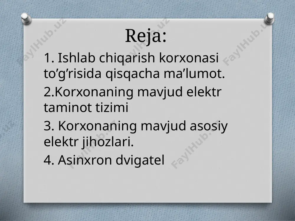 quvvati bir necha vt dan oʻnlab mvt gacha boʻladi. asinxron dvigatellar "arago-lens diski" xodisasi asosida ishlaydi. xulosa men bu amaliyot jarayoni davomida spektr xususiy korxonasidagi barcha presslash stanoklari, korxonadagi elektr taminoti va korxonada ishlab chiqariladigan avtomobillar uchun detallarni barchasi bilan tanishsib chiqdim. ushbu korxonada men o`z diplom mavzumga oid bir qancha malumotlarga ega bo`ldim. ushbu korxonada ko`plab asinxron motorlar bor ekan. lekin ushbu motorlarni himoya tizimi ancha eski tizimdaligini ko`rdim.ayrim pres uskunalarining himoya tizimini yangilash lozim. ushbu preslarda eski turdagi puskatel va eski turdagi rele va avtomatlar o`rnatilgan. bu qurilmalar o`zing ishlash vaqtini o`tagan qurilmalar hisoblanadi. image3.jpeg image4.png image5.png image6.jpg image7.png image8.jpg image9.png image10.emf image11.jpeg xozirda “spektr’ korxonasida ishlab turgan stanoklar haqida ma’lumot № jixoz nomlari jixoz turi soni quvvati (kw) cos ф 1 press (250t) jh21-250 1 24 0.86 2 press (100t) k2130c 3 9 0.85 3 press (100t) ke2330 3 7.5 0.85 4 press (100t) ke2130a 1 7.5 …