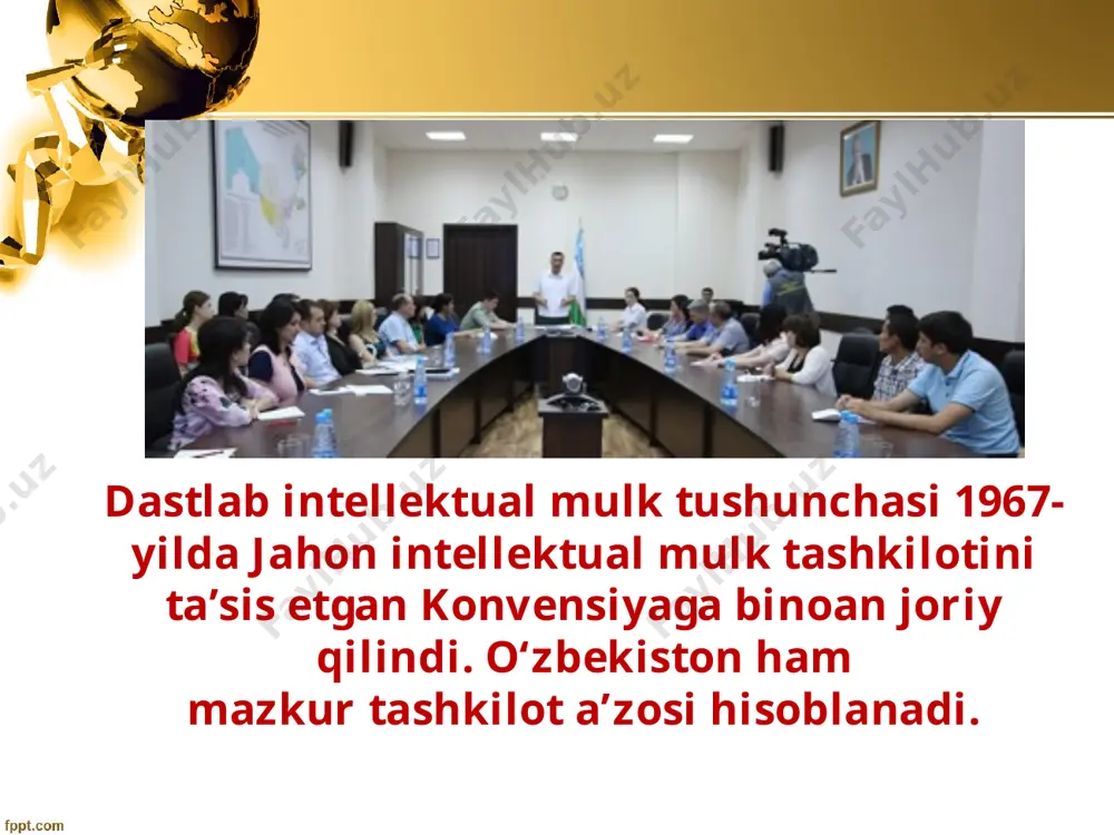 imoyalaydi? mualliflik huquqlarini himoya qiladigan qonunlarni sanab o‘ting. 3. asarning muallifi yoki hammuallifi kim? 4. o‘zbekistonda mualliflik huquqi qanday muddat davomida amal qiladi? 5. mualliflik shartnomasi nima? u qanday, kim bilan va qanday muddatga tuziladi? 6. mualliflik shartnomasiga qanday shartlar kiritilishi shart? image2.jpg image3.jpeg image4.jpeg image5.jpeg image6.jpeg image7.jpeg image8.jpeg image9.jpeg image10.jpeg image11.jpeg image12.jpeg image13.jpeg image14.jpeg image15.jpeg image1.jpg