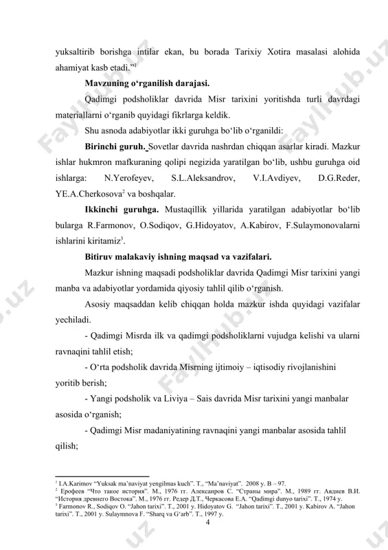 odiy ahvoli. 1.1. qadimgi misrda ilk va qadimgi podsholiklarning vujudga kelishi va ravnaqi. misr davlati afrikaning shimoli-sharqida vujudga kelgan. nil daryosining boshidagi shar-sharoitlardan to o’rta dengizgacha bo’lgan vodiy bu davlatning asosiy qismini tashkil qilib, sharq tomindagi (nil daryosi bilan qizil dengiz o’rtasidagi) arab qirlari bilan g’arb tomondagi liviya yassi tog’liklarining bir qismi ham shu davlat chegarasiga kirgan misrliklar o’zlarining mamlakatini ,,qora tuproq” deb ataganlar, bu bilan ular ,,qizil tuproq” ya’ni cho’lga nisbatan unumdor yer ekanligini o’qtirganlar. greklar misrni ,, yegipet” deb ataganlar. bu esa mamlakatning qadimgi poytaxti- memfisga- xekay-ptax, ya’ni ptaz (xudo) ruhining qal’asi deb berilgan sheriy namning buzib aytilganidir. ikki daryo oralig’idan farq qilib, misrda qadimgi tosh davridayoq odamlar yashagan. to’g’ri, u chog’dagi aholi sayoq ovchi qabilalardan iborat bo’lgan, ular asosan nil daryosining tor botqoqlik bahosini o’rab turgan tepaliklarda hayot kechirganlar. u paytda yevropaning ko’p qismi g’oyat katta muzliklar bilan qoplangan bo’lib, o’rta dengizning afrekaning iqlimi hozirgidek issiq va …
