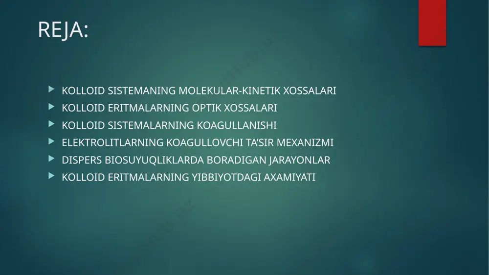 rning o‘ziga xos va axamiyatli xususiyatlaridan biri ularning, suvda erimaydigan moddalarni, o‘zida eritishidir. toza erituvchida erimaydigan moddalarning mitsellyar sistemalarda erishiga solyubilizatsiyalash deb ataladi. bunda mitsella tomonidan yutilayotgan modda s o l y u b i l i z a t ,sirt--faol modda esa-- s o l y u b i l i z a t o r ( s oly u b i l lov chi ) deb ataladi. solyubilizatsiyalash natijasida hosil bo‘ladigan sistema solyubillashgan sistema deb ataladi: kolloid sistemalarning koagullanishi kolloid zarrachalar satxida joylashgan ionlar vujudga keltiradigan elektrostatik maydonlar ta’siri ostida ularga yaqin turgan suv molekulalari kuchliroq qutblanadi va bir qadar ma’lum bir tartibda joylashadi, bu - xususan shu suv molekulalari orasidagi bog`larnigina emas, ular bilan kolloid zarrachalar o‘rtasidagi bog‘lanishni xam kuchaytiradi. natijada zarracha yondoshgan suv qavati aloxida xossalar (o‘ta yopishqoqlik bilan taranglik) ga ega bo`lib qoladi, b u e s a zarrachalarning birikishiga to‘sqinlik qiladi. zarrachalar itarilish bosimiga …