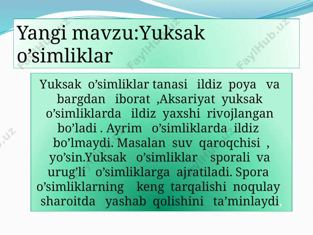 qog’ozdan aylana qilib qirqib yopishtirib qo’yamiz.o’quvchilar gultojibargga yozilgan savolni olib o’qiydi .to’g’ri javob bersa doskaga yopishtirilgan aylanamizni yoniga yopishtirib qo’yadi.javob bera olmasa yopishtirmaydi.gultojbarg to’liq yopishtirildsa o’quvchilar bilimi kungaboqarimizni ochilishiga yordam bergan bo’ladi.quyidagi ko’rinishda bo’ladi uyga vazifa to’g’risini top metodi bu metodda mavzudagi har bir ma’lumot 1 tadan kichik listlarga yozilgan bo’ladi.o’quvchi ma’lumotni o’qib doskaga yopishtirib qo’yilgan rasmdan mosini topib ma’lumotni shu rasmni yoniga yopishtirib qo’yadi .doskaga archa o’rik, qirqquloq ,qirqbo’gim ni rasmi yopishtirilgan bo’ladi .o’quvchi tomonidan o’qilgan ma’lumot archaga tegishli bo’lsa archa yopishtirilgan listni oldiga yopishtirib qo’yish kerak. bu metodda quti ichida biron narsa solib qo’yiladi .quti ichidagi narsa haqida ma’lumot beriladi .o’quvchilar ma’lumotni eshitib nima ekanligini topishlari kerak .o’quvchilar to’g’ri yoki notog’ri topganligini aniqlash uchun quti ichidagi olib ko’rsatiladi .quyidagicha tayyorlanadi qora quti metodi qora quti guruh a’zolarining ishtirokiga qarab o’quvchilar baholanadi. uyga vazifa : 48 – betdagi savollarga javob yozish va 49- betdagi 2 ta jadvalni chizib to’ldirib …