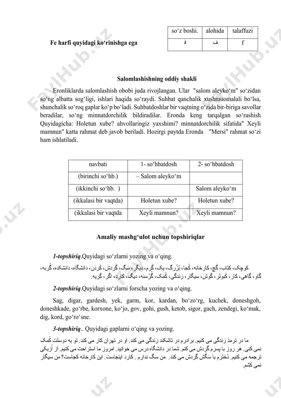diradilar. eronda keng tarqalgan so‘rashish quyidagicha: holetun xube? ahvollaringiz yaxshimi? minnatdorchilik sifatida" xeyli mamnun" katta rahmat deb javob beriladi. hozirgi paytda eronda "mersi" rahmat so‘zi ham ishlatiladi. navbati 1- so‘hbatdosh 2- so‘hbatdosh (birinchi so‘hb.) – salom aleyko‘m (ikkinchi so‘hb. ) salom aleyko‘m (ikkalasi bir vaqtda) holetun xube? holetun xube? (ikkalasi bir vaqtda xeyli mamnun? xeyli mamnun? amaliy mashg‘ulot uchun topshiriqlar 1-topshiriq.quyidagi so‘zlarni yozing va o‘qing. کوچک، کتاب، گَچ، کارخانه، کُجا، بُزُرگ، يک، گَرم، ديگر، سَگ، گَردش، کَردَن، دانشگاه، دانشکده، گُربه، گاو، گاهی، کار، کَبوتَر، گوش، سيگار، زندگی، کُمَک، گُرُسنه، ديگ، کارد، اگَر، گِريه. 2-topshiriq.quyidagi so‘zlarni forscha yozing va o‘qing. sag, digar, gardesh, yek, garm, kor, kardan, bo‘zo‘rg, kuchek, doneshgoh, doneshkade, go‘rbe, korxone, ko‘jo, gov, gohi, gush, ketob, sigor, gach, zendegi, ko‘mak, dig, kord, go‘ro‘sne. 3-topshiriq.. quyidagi gaplarni o‘qing va yozing. ما در ترمذ زندگی می کنيم. برادرم در تاشکند زندگی می کند. او در تهران کار می کند. تو به …