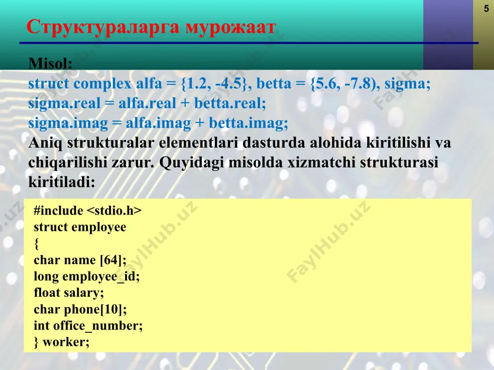 fish,"abdullaev a.a."); strcpy(talaba.yunalish,“kompyuter injiniring"); strcpy(talaba.jinsi,"erkak"); strcpy(talaba.manzil,"toshkent, yunusobod …"); talaba.reyting=123.52; talaba_manzili(talaba); } void talaba_manzili(talaba t) { cout >t[i].kurs; cout >t[i].reyting; cout >t[i].tug_yil; cout » воситасида амалга оширилади: cout fish; * * * структурага кўрсаткич структураларни кўрсатгич ва мурожаат (&) воситасида функция аргументи сифатида узатиш мумкин. қуйида келтирилган программа бўлагида структурани talaba_kiritish() функциясига кўрсаткич орқали, talabalar_fish() функциясига мурожаат орқали узатишга мисол келтирилган. void talaba_kiritish(talaba *t); void talabalar_fish(talaba & t); int main( ) { talaba * k_talaba; k_talaba=(talaba*)malloc(n*sizeof(talaba)); talaba_kiritish(k_talaba); talabalar_fish(*k_talaba); return 0; } * * * структурага кўрсаткич структураларни кўрсатгич ва мурожаат(&) воситасида функция аргументи сифатида узатиш мумкин. қуйида келтирилган программа бўлагида структурани talaba_kiritish() функциясига кўрсаткич орқали, talabalar_fish() функциясига мурожаат орқали узатишга мисол келтирилган. void talabalar_fish(talaba & t) { for(int i=0; i fish fish,30); cout >(t+i)->kurs; … } } * * * разрядли майдон include #include struct bit { unsigned int i:1; }; unsigned printbits(int c, struct bit pp[]) { unsigned int i; …