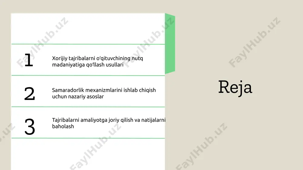 'rsatadiki, psixologik tayyorgarlik va kommunikatsiya texnikalari o'qituvchilarning nutq madaniyatini oshirishda muhim rol o'ynaydi, bu esa o'quvchilarning qiziqishini va anglashuvini yaxshilaydi. o'qituvchilar uchun amaliy tavsiyalar: muntazam treninglar, zamonaviy texnologiyalarni qo'llash va nutq uslubini takomillashtirish orqali nutq madaniyatini rivojlantirish mumkin. xorijiy tajribalarni o'z tajribamizga moslashtirish uchun aniqlik, muvofiqlik va samimiylik elementlarini ustuvor qilib, o'qituvchilar o'zaro samarali aloqalarni rivojlantirishi mumkin. xorijiy tajribalar: amaliy misollar samaradorlik mexanizmlari — bu o'qituvchi nutq madaniyatida samarali muloqot, motivatsiya va interaktiv aloqalarni ta'minlovchi psixologik va pedagogik jarayonlardir. nazariy asoslar kommunikatsiya nazariyalari, motivatsiya va psixologik yondashuvlarni o'z ichiga oladi; vygotskiy rivojlanish teoriyasi va kommunikatsiya modellari misol bo'la oladi. finlandiya va janubiy koreyada pedagogik strategiyalar samaradorlik mexanizmlarini kuchaytirishga qaratilgan bo'lib, dialog, motivatsiya va talaba ishtirokini rivojlantirishga yordam beradi. nazariy asoslar: samaradorlik mexanizmlari samaradorlik mexanizmlari turli xil bo'lib, ularning asosiy turlari quyidagilardan iborat: motivatsiya mexanizmlari, bilim va ko'nikma rivojlantirish mexanizmlari, va o'z-o'zini baholash mexanizmlari. har bir mexanizm o'ziga xos xususiyatlarga ega: …