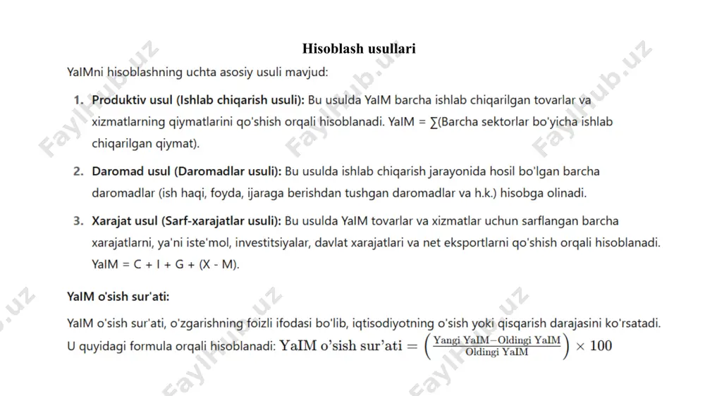 blashda qo'llaniladigan metodlar makroiqtisodiy ko'rsatkichlarni hisoblashda bir nechta asosiy metodlar mavjud. yaim (yalpi ichki mahsulot)ni hisoblashning uch usuli bor: produktiv usul: ishlab chiqarilgan tovar va xizmatlarning narxini va miqdorini hisobga oladi. daromad usul: iqtisodiyotda barcha daromadlar yig'indisi (ish haqi, foyda va boshqa daromadlar). xarajatlar usuli: iste'mol, investitsiyalar, davlat xarajatlari va net eksportni hisobga oladi. inflyatsiya darajasi iste'mol narxlari indeksi (inr) orqali hisoblanadi. agar bazaviy davrda narxlar yig'indisi 10,000 so'm bo'lsa, joriy davrda esa 10,500 so'm bo'lsa, inflyatsiya darajasi 5% bo'ladi. ishsizlik darajasi, ishchilar soni va ishsizlar soni o'rtasidagi nisbatni hisoblash orqali aniqlanadi. masalan, agar 10 million ishchi kuchi bo'lsa, 800,000 odam ishsiz bo'lsa, ishsizlik darajasi 8% bo'ladi. tijorat balansining holati eksport va import o'rtasidagi farq orqali aniqlanadi. agar eksport 300 milliard so'm, import esa 200 milliard so'm bo'lsa, tijorat balansining ortiqcha holati 100 milliard so'mni tashkil qiladi. e’tiboringiz uchun rahmat! image1.png image2.png image3.png image4.png image5.png image6.png image7.png image8.png /docprops/thumbnail.jpeg
