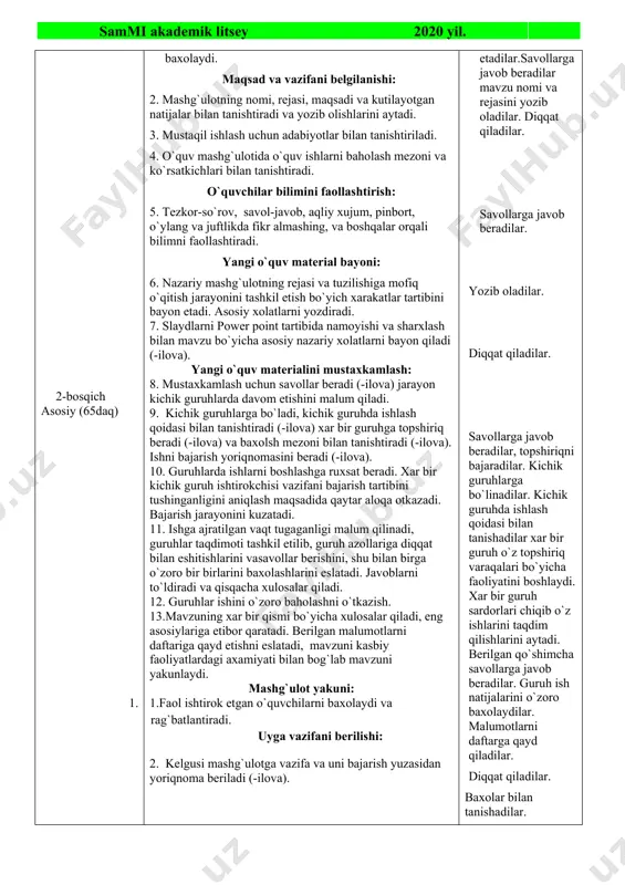 o`quv mashg`ulotida o`quv ishlarni baholash mezoni va ko`rsatkichlari bilan tanishtiradi. o`quvchilar bilimini faollashtirish: 5. tezkor-so`rov, savol-javob, aqliy xujum, pinbort, o`ylang va juftlikda fikr almashing, va boshqalar orqali bilimni faollashtiradi. yangi o`quv material bayoni: 6. nazariy mashg`ulotning rejasi va tuzilishiga mofiq o`qitish jarayonini tashkil etish bo`yich xarakatlar tartibini bayon etadi. asosiy xolatlarni yozdiradi. 7. slaydlarni power point tartibida namoyishi va sharxlash bilan mavzu bo`yicha asosiy nazariy xolatlarni bayon qiladi (-ilova). yangi o`quv materialini mustaxkamlash: 8. mustaxkamlash uchun savollar beradi (-ilova) jarayon kichik guruhlarda davom etishini malum qiladi. 9. kichik guruhlarga bo`ladi, kichik guruhda ishlash qoidasi bilan tanishtiradi (-ilova) xar bir guruhga topshiriq beradi (-ilova) va baxolsh mezoni bilan tanishtiradi (-ilova). ishni bajarish yoriqnomasini beradi (-ilova). 10. guruhlarda ishlarni boshlashga ruxsat beradi. xar bir kichik guruh ishtirokchisi vazifani bajarish tartibini tushinganligini aniqlash maqsadida qaytar aloqa otkazadi. bajarish jarayonini kuzatadi. 11. ishga ajratilgan vaqt tugaganligi malum qilinadi, guruhlar taqdimoti tashkil etilib, guruh azollariga …