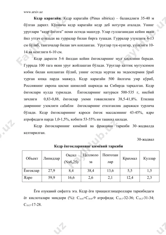 нтирилган уруғлар кандолатчилик саноатида кулланилади. сифатли ядродан олинган кедр ёғи микроскопда иммерсия учун ишлатилади. перилла тузилиши ва хоссалари. перилла (perilla ocymoides) япалокгулдошлар оиласига мансуб бўлган, баландлиги 1 м гача етадиган, пояси шохчалардан иборат бир йиллик ўсимлик. перилла барглари ва пояси кучли эфир хидига эга. ёнгок-мевасининг диаметри 2 мм бўлиб, гул косасига тупланган. 1000 та уруғ массаси 2,2-3 г, кулранг, саргиш, тук-жигарранг. уруғ кобиги юпқа, осон ажралади. перилла кадимдан шимолий-шаркий хитой, корея, япония ва шимолий хидндистонда етиштирилади. перилла уруғлари кимёвий таркиби (%): липидлар – 43-48; оқсил (nх6,25) – 23-28; целлюлоза – 10-13; куллар – 4-5; эфир мойи – 0,3. перилла ёғини рафинациялашдан кейин озукавий максадларда ишлатиш мумкин, лекин асосан техник максадлар учун ишлатилади. перилла ёғини европа ва акш га кенг экспорт килиш хх асрда бошланган бўлиб, уни етиштириш йилига 50 минг тоннага етди. перилла ёғи триацилглицероллари таркибидаги ёғ кислоталари миқдори (%): с16:0 – 3,3; с18:0 – 9,8; с18:1-13,1; с18:2-56,4; с18:3-22,2. перилла …