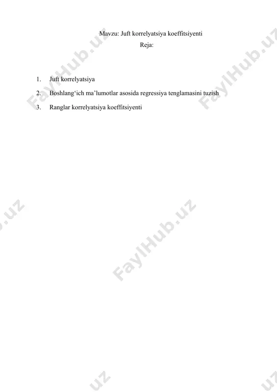 malar tizimiga keltirish zaruriyati tug‘iladi. bu masala odatda kichik kvadratlar usuli orqali yechiladi. uning mohiyati shundan iboratki, natijaviy belgining haqiqiy qiymatlari (yi) bilan uning regressiya tenglamasi yordamida olinadigan (faqat omil belgi ta’siri ostida shakllanuvchi) tegishli qiymatlari () orasidagi farqlar kvadratlarining yig‘indisi minimum bo‘lishi zarur. ya’ni yoki . demak, normal tenglamalar tizimini tuzish masalasi to‘g‘ri chiziqli funksiya a0 va a1 parametrlarning ekstremumni (bu holda minimumni) aniqlashga borib taqaladi. differensial hisoblashdan ma’lumki, ikkita o‘zgaruvchi miqdorlar funksiyasi r(a0, a1) ekstreniumga erishishi nolga teng bo‘lishi shart, ya’ni va . bu xususiy hosilalarni hisoblab, quyidagi ifodalarga ega bo‘lamiz: bu tenglamalarni -2 ga qisqartirib, har bir umumiy yig‘indilarni esa uchta tarkibiy yig‘indilarga ajratsak, quyidagi normal tenglamalar tizimi hosil bo‘ladi. yoki yoki bundan, pirovard natijada to‘g‘ri chiziqli regressiya modelning quyidagi ifoda shaklini oladi. bu yerda a1 parametr regressiya koeffitsiyenti deb ataladi va u omil belgi x samaradorligini aniqlaydi, ya’ni bu belgi qiymati bir birlikka ortsa, natijaviy belgi …