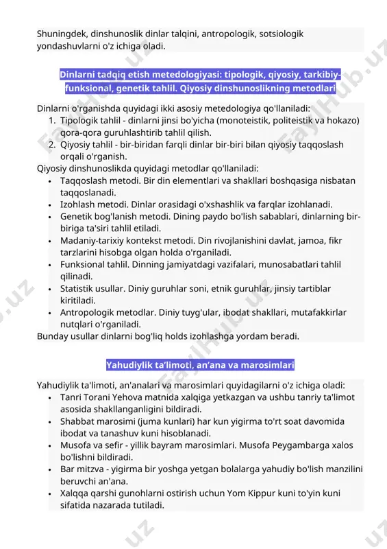 beradi. yahudiylik ta’limoti, an’ana va marosimlari yahudiylik ta'limoti, an'analari va marosimlari quyidagilarni o'z ichiga oladi: · tanri torani yehova matnida xalqiga yetkazgan va ushbu tanriy ta'limot asosida shakllanganligini bildiradi. · shabbat marosimi (juma kunlari) har kun yigirma to'rt soat davomida ibodat va tanashuv kuni hisoblanadi. · musofa va sefir - yillik bayram marosimlari. musofa peygambarga xalos bo'lishni bildiradi. · bar mitzva - yigirma bir yoshga yetgan bolalarga yahudiy bo'lish manzilini beruvchi an'ana. · xalqqa qarshi gunohlarni ostirish uchun yom kippur kuni to'yin kuni sifatida nazarada tutiladi. · brit mila sunnat sun'ati - o'g'il bolalarga otta yoshida sunnat qilinadi. · koshertanlik qoidalariga amal qilib, mo'y ovqatlarini iste'mol qilish. · tanri tomonidan berilgan yerushalim shahri va unda joylashgan xram yeriga e'tiqodlar. · ibrohimiy din ta'limotining asosiy ta'limlari - tengriyat, akhloqiy qonuniyatlar, axirat e'yoni. · yahudiylik an'analari mustaqil israil davlati bilan bog'liq bo'lib keldi. shu bilan birga, yahudiy musulmonlarning hayot tarzi o'ziga xos …