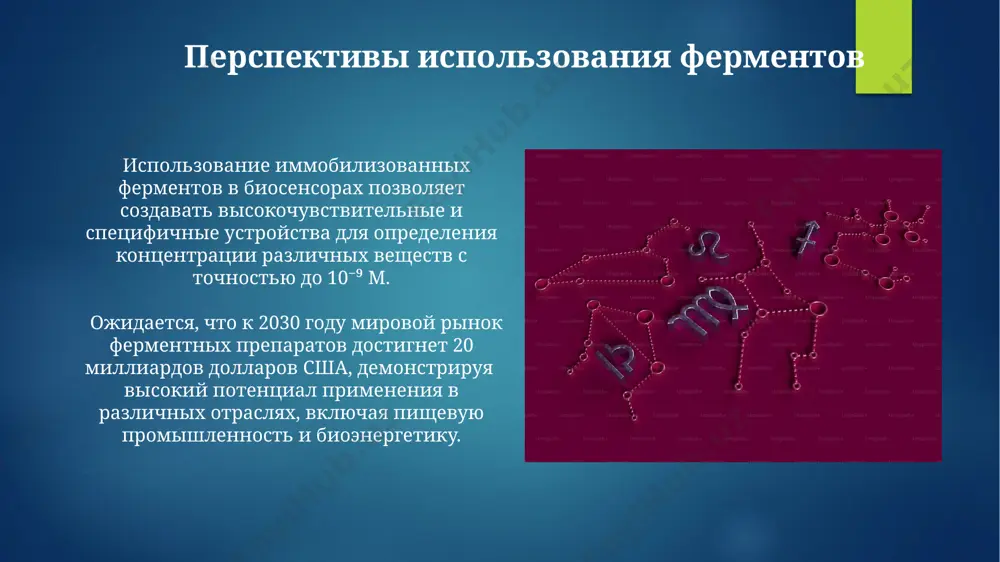 delyaetsya na podklassi, pod-podklassi i t.d., ispolzuya sistemu nomenklaturi, osnovannuyu na chetiryoxznachnom kodu ec. fermenti klassifitsiruyutsya po shesti klassam (ec 1-6) v zavisimosti ot tipa kataliziruemoy reaktsii, vklyuchaya oksidoreduktazi, transferazi, gidrolazi, liazi, izomerazi i ligazi. primeri biologicheskix funktsiy fermentov fermenti, takie kak dnk-polimerazi, kataliziruyut sintez dnk so skorostyu dobavleniya nukleotidov do 1000 v sekundu, obespechivaya tochnuyu replikatsiyu genoma. proteazi, klass fermentov, rassheplyayushix belki, igrayut kriticheskuyu rol v pishevarenii, rassheplyaya okolo 20 razlichnix tipov peptidnix svyazey. kofaktori i kofermenti mnogie metalli, takie kak jelezo (fe2+/fe3+), tsink (zn2+) i magniy (mg2+), funktsioniruyut kak kofaktori, stabiliziruya strukturu fermenta ili uchastvuya neposredstvenno v kataliticheskom tsikle, povishaya ego effektivnost. kofermenti, takie kak vitamini gruppi b (naprimer, b1, b2, b6), chasto deystvuyut kak perenoschiki elektronov ili atomov v fermentativnix reaktsiyax, obespechivaya kataliz bolee chem 1000 razlichnix reaktsiy. spasibo za vnimanie @taqdimot_robot image6.jpg image7.jpg image8.jpg image9.jpg image10.jpg image11.jpg image12.jpg image13.jpg image14.jpg image15.jpg image16.jpg image17.jpg image18.jpg image19.jpg image20.jpg …