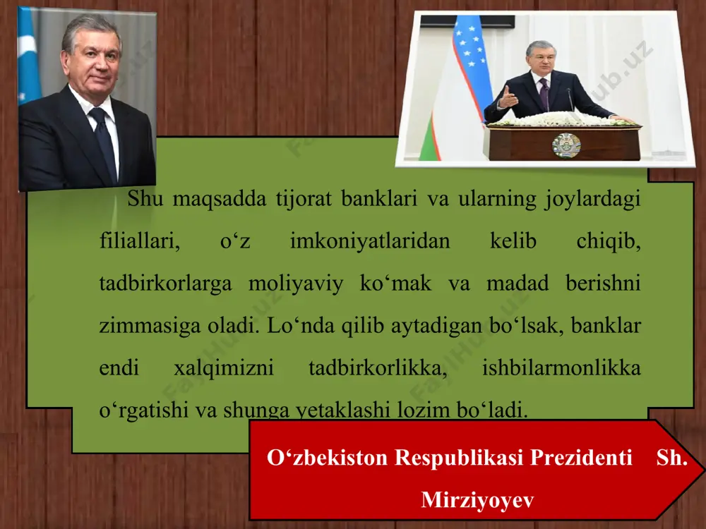 (masalan, mebel, avtomobil, televizor va boshqalar)ni sotib olish uchun ma’lum muddatga beriladigan kredit. foiz stavkasi sizni bank kreditidan foydalanish yoki foydalanmaslik to‘g‘risidagi qaroringizga ta’sir etuvchi asosiy omillardan biri – bu kredit bo‘yicha hisoblanuvchi foiz stavkasidir. foiz stavkasi – kredit oluvchi tomonidan to‘lanadigan to‘lov miqdorini kredit miqdoriga nisbatining foizdagi ifodasi. foiz stavkasini quyidagi formula orqali ifodalash mumkin: bu yerda: rʹ – foiz stavkasi; r – kredit bo‘yicha to‘lov miqdori; kssuda – kredit miqdori. agarda, siz bankdan 100 ming so‘m miqdoridagi kreditni yiliga 20 ming so‘m to‘lash sharti bilan olgan bo‘lsangiz, mazkur kredit foiz stavkasi 20% ni tashkil qiladi. bundan ko‘rinadiki, foiz stavkasini turli, masalan, yil, chorak, oy va boshqa muddatlar uchun hisoblash mumkin. amaliyotda kredit foizini hisoblash va to‘lash hozirgi kunda bank amaliyotida kredit foizini hisoblash va to‘lash asosiy qarzning kamayib borishi tamoyilida amalga oshiriladi. bunda olingan kredit miqdori belgilangan muddat, ya’ni yillarni oylarga aylantirib, ular soniga bo‘linadi va shu yo‘sinda …