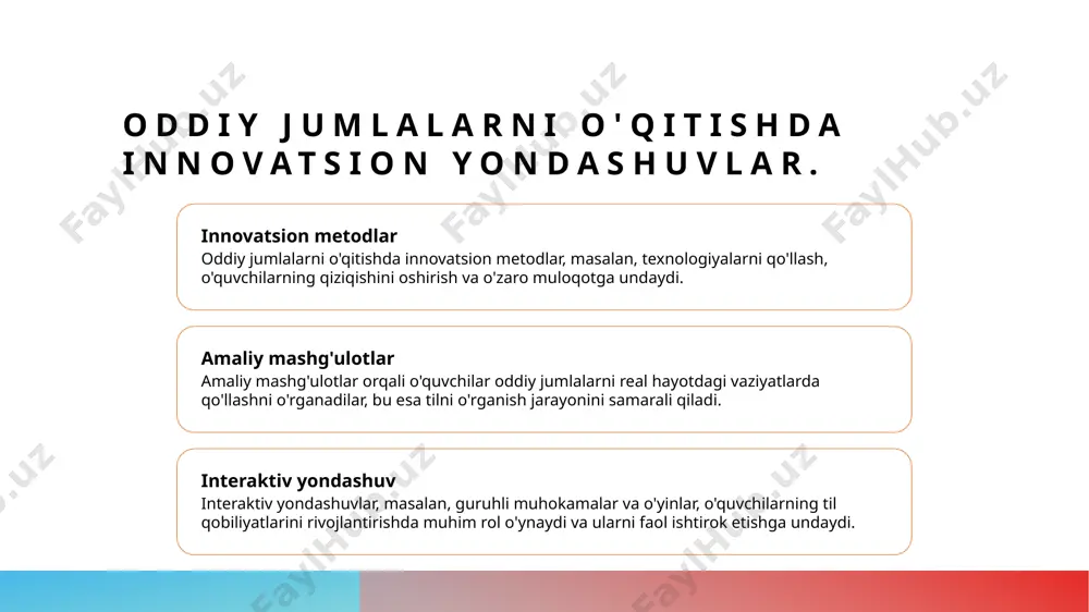 talabalarning kommunikativ qobiliyati kuchayadi. ular fikrlarini aniq va to'g'ri ifoda etishni o'rganadilar. 03 amaliy mashg'ulotlar amaliy mashg'ulotlar oddiy jumlalarni o'z ichiga olgan holda, talabalarni muloqotga jalb qiladi. bu, o'z navbatida, ularning kommunikativ ko'nikmalarini rivojlantiradi. 04 o'zbek tilidagi misollar o'zbek tilida oddiy jumlalar misollari orqali talabalarga o'qitish samarali bo'ladi. bu, tilni o'zlashtirishni osonlashtiradi va ko'nikmalarni mustahkamlaydi. o'zbek tilida oddiy jumlalar: tuzilishi va mohiyati. oddiy jumlaning tuzilishi oddiy jumlalar mohiyati misollar bilan tushuntirish o'zbek tilida oddiy jumlalar sub'ekt, predikat va to'ldiruvchilar asosida quriladi. bu elementlar jumlaning asosiy ma'nosini ifodalaydi. oddiy jumlalar til o'rganish jarayonida asosiy rol o'ynaydi. ular murakkab jumlalarni tushunishga tayyorgarlik ko'rish uchun muhimdir. "men kitob o'qiyapman" jumlasida "men" sub'ekt, "o'qiyapman" predikatdir. ushbu misollar orqali oddiy jumlalar tuzilishini o'rganish osonlashadi. jumla tuzilishining o'ziga xos xususiyatlari va ularning ahamiyati. 1 jumla tuzilishi o'zbek tilida jumla tuzilishi, so'zlarning joylashuvi va ularning o'zaro aloqasi asosida shakllanadi, bu esa ma'lumotni aniq ifodalashni ta'minlaydi. 2 o'ziga …