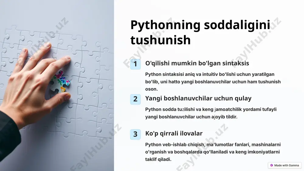 turli kod bloklarini bajarish uchun "if", "elif" va "else" iboralaridan foydalaning. taqqoslash operatorlari '==', '!=', '>', ' =', '<=' kabi operatorlar qiymatlarni solishtirish va qaror qabul qilishda yordam beradi. mantiqiy operatorlar murakkab mantiqni yaratish uchun shartlarni "va", "yoki" va "yo'q" yordamida birlashtiring. 6 looplar: harakatlarni samarali takrorlash looplar uchun satrdagi raqamlar yoki belgilar roʻyxati kabi elementlar ketma-ketligini takrorlash uchun “for” sikllaridan foydalaning. while loops ma'lum bir shart rost bo'lsa, kod blokini takrorlash uchun "while" tsikllaridan foydalaning. 7 izlanishda va qurishda davom eting! muntazam ravishda mashq qiling dasturlashni o'zlashtirishning kaliti doimiy amaliyotdir. onlayn manbalar qo'llanmalar va hujjatlarni o'rganing hamjamiyatga qo'shiling hamkasblar va tajribali dasturchilar bilan bog'laning. 8 image1.png image2.png image3.png image4.png image5.png image6.png image7.png image8.png image9.png image10.png image11.png image12.png image13.png image14.png image15.png