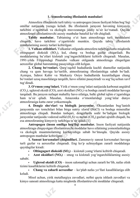 ilan reaksiyaga kirishib, havodagi kislorod miqdorini kamaytiradi. · azot oksidlari (noₓ) – fotokimyoviy smog hosil qiladi va o‘simliklarga zarar yetkazadi. · qo‘rg‘oshin va og‘ir metallar – nafas olish yo‘llari va asab tizimiga zarar yetkazadi. · uglevodorodlar (hcs) – kanserogen ta’sir ko‘rsatishi mumkin. xxi asrda avtomobillarning soni ortishi natijasida transport vositalari atmosferaning eng katta ifloslanish manbalaridan biriga aylangan. 3. qishloq xo‘jaligi faoliyatining ta’siri. qishloq xo‘jaligi sohasida atmosferaga turli kimyoviy moddalar chiqariladi: · pestitsid va o‘g‘itlar bug‘lanishi – tuproqdan chiqadigan zararli moddalarning havoga aralashishiga sabab bo‘ladi. · metan (ch₄) chiqarilishi – chorvachilik va guruch yetishtirish jarayonida hosil bo‘lib, issiqxona effektiga hissa qo‘shadi. · chang va bioaerozollar – tuproq ishlov berish jarayonida havoga ko‘tariladi va havo sifatini yomonlashtiradi. misol uchun, chorvachilik fermalarida sigir va qo‘ylar hazm qilish jarayonida katta miqdorda metan gazini ajratadi. 4. energiya ishlab chiqarish jarayonlari. ko‘mir, neft va tabiiy gazni yoqish orqali ishlab chiqariladigan energiya atmosferani ifloslantiruvchi asosiy manbalardan biridir. …