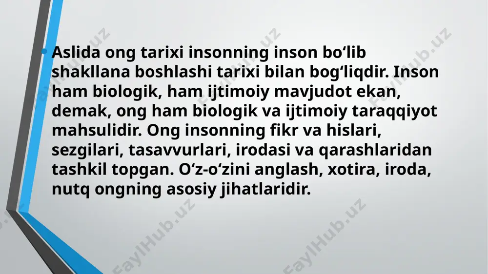 deb hisoblaydi j.lokk. refleksiyaning obyekti aqlimiz faoliyati bilan egallangan va biz tashqaridan ololmaydigan fikrdir. ongning o b ’yekti shu fikrdir, chunki ong j.lokkning bergan ta’rifiga ko‘ra, aqlimizda ro‘y berayotgan narsalarni idrok etishdir. j.lokk tajriba manbalarini o'zaro farqlasada, ularni bir-biridan ajratmaydi funksionalizm amerika qo'shma shtalarida funksionalizm deb nomlangan уana bita yo'nalish paydo bo'ldi. e.titchener asos solgan bu yo'nalish vakillari nafaqat ko‘zga ko'rinmas ong tizimi elementlari, balki ko'z bilan ko'rish mumkin bo'lgan va faoliyai natijalariga asoslangan belgilar asosida ham inson xulq-atvoriga baho berisf mumkinligini isbotladi. boshqa bir yirik amerikalik psixolog v.jeymsning tadqiqotlari amaliy ahamiyatga molik bo'ldiki, endi u dadil psixologiyani ong elementlari emas, balki ong faoliyatini o'rganuvcht fan deb ta’riflay boshladi. ong dinamik. harakatdagi, o'zgaruvchan yaxlit tuzilma bo'lib, uning namoyon bo'lishida tananing shart-sharoitlari, uning faolligi muhim rol o'ynaydi. shuning uchun ham bu ikki tuzilmalar odamning yangi sharoitlarga moslashuvi va umuman tashqi muhitda o'z o'rnini topishga imkon beradi. bixeviorizm ushbu yo'nalish vakillarining asosiy …