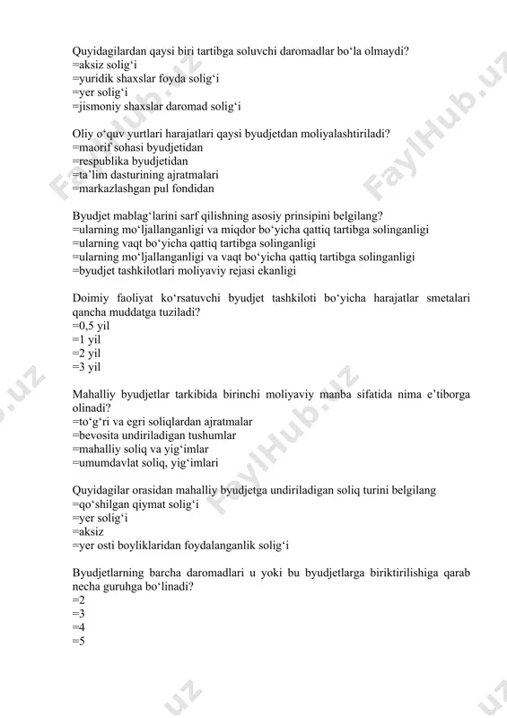 alliy byudjetlar tarkibida birinchi moliyaviy manba sifatida nima e’tiborga olinadi? =to‘g‘ri va egri soliqlardan ajratmalar =bevosita undiriladigan tushumlar =mahalliy soliq va yig‘imlar =umumdavlat soliq, yig‘imlari quyidagilar orasidan mahalliy byudjetga undiriladigan soliq turini belgilang =qo‘shilgan qiymat solig‘i =yer solig‘i =aksiz =yer osti boyliklaridan foydalanganlik solig‘i byudjetlarning barcha daromadlari u yoki bu byudjetlarga biriktirilishiga qarab necha guruhga bo‘linadi? =2 =3 =4 =5 tartibga soluvchi daromadlarni byudjet tizimining byudjetlari o‘rtasida taqsimlash qaysi organ tomonidan amalga oshiriladi? =vazirlar mahkamasi, senat =hisob palatasi, senat =o‘zbekiston respublikasi prezidenti =o‘zbekiston respublikasi moliya vazirligi mahalliy byudjetlarning qaysi daromadlari yuqori byudjetdan quyi byudjetga o‘tkaziladigan mablag‘lardan iborat? =biriktiriladigan =tartibga soluvchi =bevosita undiriladigan soliqlar =mukammallashtirilgan boquvchisini yo‘qotganlik pensiyasi qaysi manba hisobidan beriladi? =bandlikka ko‘maklashuvchi fond =byudjetning ijtimoiy harajatlaridan =“nuroniy” fondi hisobidan =pensiya fondi o‘zbekiston respublikasning byudjet kodeksi nechta bo‘lim va moddadan iborat? =26 ta bo‘lim 192 ta modda =24 ta bo‘lim 142 ta modda =28 ta bo‘lim 190 ta modda =28 …