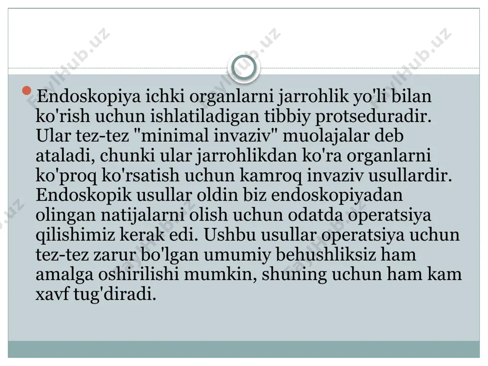 saratonga aylanishi mumkin bo'lgan poliplarni olib tashlash uchun qo'llanilishi mumkin. shu bois, kolonoskopiyalar erta aniqlash orqali, o'lim xavfi kamayib, saraton kasalligini kichik bo'lgan va tarqalmagan holda va birlamchi oldini olish orqali saraton kasalligini keltirib chiqaradigan poliplarni olib tashlash orqali o'lim xavfini kamaytirdi. e’tiboringiz uchun rahmat image3.png image4.png image5.png image6.png image7.png /docprops/thumbnail.jpeg