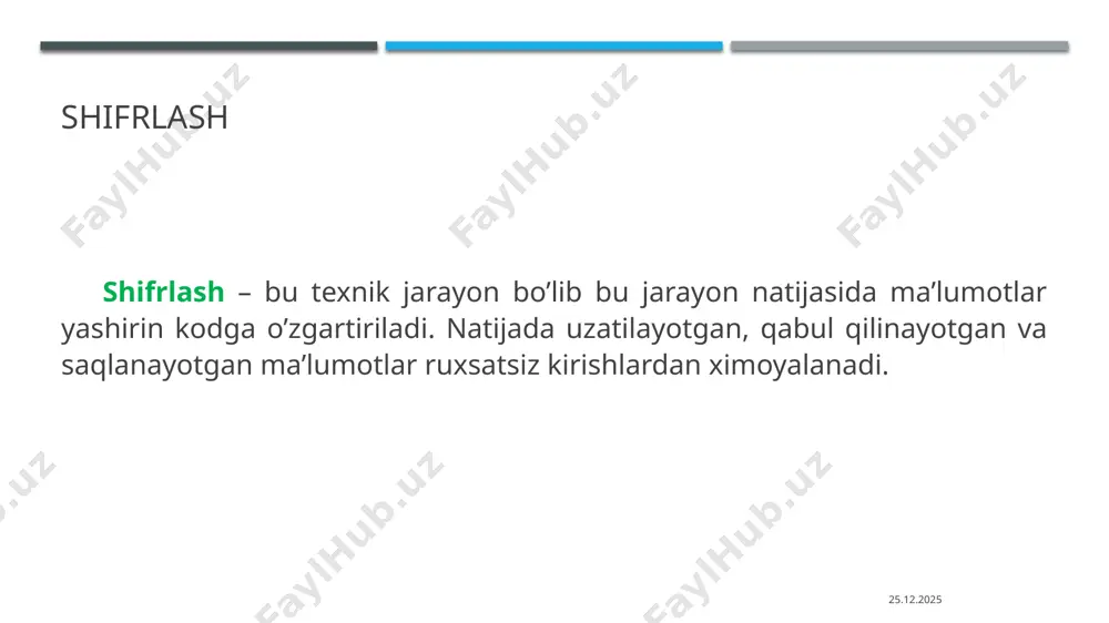 os –luks dasturi kompyuterdagi aloxida ma’lumotlarni shifrlash. bu usulda disk to’laligicha emas balki undagi faqat xavfsizligi ta’minlanishi lozim bo’lgan fayllar, papkalar va ma’lumotlar shifrlanadi. bu usulda shifrlashni amalga oshirish uchun ham maxsus dastriy vositalar mavjud. xususan windows os da ham papka, fayllarni shifrlash uchun qo’llaniladigan funksiyasi mavjud. masalan efs (encruption file sistem) funksiyasi. efs funsiyasi yordamida shifrlanganda foydalanuvchiga kalit berilmaydi, balki shifrlash kaliti sifatida os dagi foydalanuvchi xisobi (учетный запись) olinadi. ya’ni ushbu kompyuterdagi os ga boshqa foydalanivchi xisobi bilan kirilganda bu shifrlangan ma’lumotlardan foydalanish imkonsiz bo’ladi. bu usulning zaifligi shundagi kirish imkoniyati bo’lag foydalanuvchi xisobi uchun parolning zaifligi bu foydalanuvchi xisobiga bog’langan shifrlangan ma’lumotlarni barchasini ochiqlanib qolishiga sabab bo’ladi. 27.11.2023 windows os dagi efs funksiyasi yordamida faylni shifrlash 27.11.2023 veracrypt dasturi yordamida shifrlash vera crypt dasturi ham ikkinchi tur shifrlash usuliga kiradi va uning yordamida faqat himoyalanishi zarur bo’lgan fayllar, papkalar va ma’lumotlargina shifrlanadi. bu nisbatan himoya darajasi yuqori …
