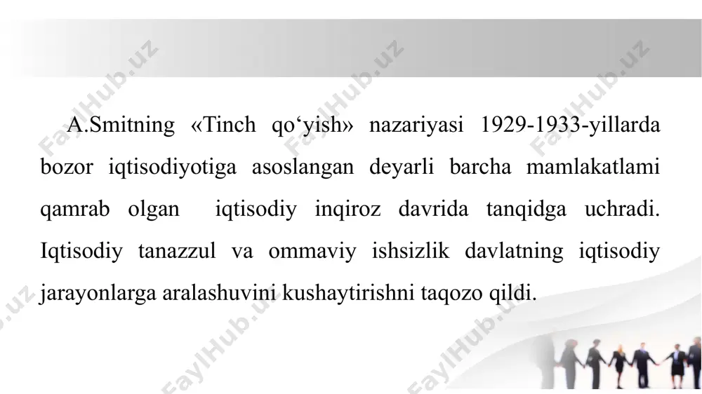 shi mumkin. ijtimoiy adolat va xavfsizlikni ta’minlaydi. raqobat muhitiga zarar yetkazishi va iqtisodiy o‘sish sur’atlarini sekinlashtirishi mumkin. bozor yetishmovchiligini oldini oladi. samaradorlikning pasayishiga olib kelishi ehtimoli bor. bilvosita ta’sir qilish usullari: pul-kredit siyosati (monetar siyosat) markaziy bank tomonidan foiz stavkalari boshqariladi (foiz stavkalarini oshirish yoki pasaytirish orqali kredit olish va investitsiyalar hajmiga ta’sir qilish). pul massasi tartibga solinadi (inflyatsiya nazorati, iqtisodiy o‘sishni rag‘batlantirish). bank rezerv normasi o‘zgartiriladi (banklarning kredit berish imkoniyatlarini kengaytirish yoki cheklash). bilvosita ta’sir qilish usullari: soliq siyosati (fiskal siyosat) soliq stavkalarini o‘zgartirish orqali iqtisodiyotga ta’sir etish (masalan, soliqlarni kamaytirish orqali iste’mol va investitsiyalarni rag‘batlantirish). soliq imtiyozlari va chegirmalar orqali turli tarmoqlarni rivojlantirish. “fiskal” lotincha so‘zdan olingan bo‘lib, xazina degan ma’noni bildiradi. bu o‘z navbatida “xazina siyosati” degan tushunchani ham yuzaga keltiradi. davlat fiskal siyosati - bu davlat budjeti daromadlari va xarajatlari tarkibiy qismini o’zgartirish orqali milliy iqtisodiyotga ta’sir qilishni anglatadi. davlat byudjeti va uning tarkibi davlat byudjeti …
