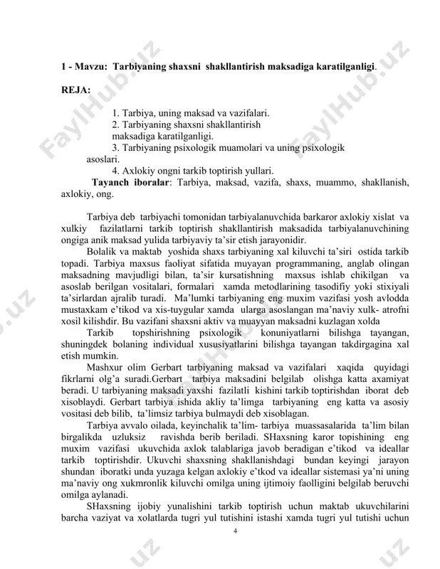 fikrini avj oldirish va uzlarini axlok masalalari ustida uylab kurishga majbur kilishlari zarur. ukuvchilarga tayyor xakikatni zurlab kabul kildirish yaramaydi, axlok normalari xakidagi xulosalarni ularning aktiv ishtrogida chikartirish kerak. buning uchun suxbat jarayonida muxokamaga kuyilishi kerak bulgan masalalarni oldindan tayorlab kuyisht tavsiya etiladi. ukuvchilarda chukur va ta’sirchan emotsiyanalni uygotishga intilish lozim. bunda ukituvchi suxbatni befark, shavk va zavksiz emas balki emotsional tarzda jonli kilib utkazilgandagina erishish mumkin.ukituvchi uzining extirosli e’tikodida ukuvchilarga utishini unutmaslik darkor. yukorida aytilgan fikrlardan ukituvchilar va ota onalar uzlariga xamda uz xulk atvorlariga nisbatan juda kattik talablar kuyishi, unlab bolalarning sinovchan kuzlari ularning kuzatib turganliklari xech kachon unutmasliklari kerak. nazorat savollari: 1. tarbiya deganda nimani tushunasiz? 2. tarbiyani psixologik tarkib toptirish nimalardan iborat? 3. ukuvchilarda kanday axlokiy tushunchalarni tarkib toptirish mumkin? 4. psixologik axlokiy tushunchalarni uzlashtirish kanday olib boriladi? 5. axlokka doir suxbatlar kanday tamoyillar (prinsiplar) asosida olib boriladi? 6. tarbiya shaxs shaklllanishiga kanday ta’sir kiladi? 7. …