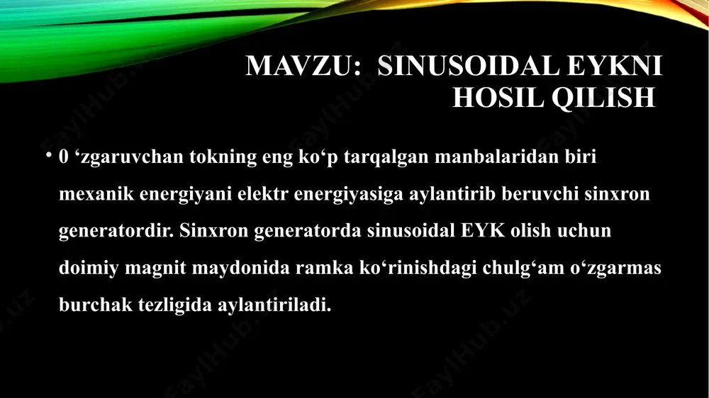 uchlanishni va taqsimlash uchun esa nisbatan past kuchlanishni talab etadi. 0 ‘zgaruvchan tok kuchlanishini o‘zgartirish nihoyatda sodda statik apparat — transformator yordamida bajariladi. agar bir xil chastotali bir necha sinusoidal funksiyalar (masalan, eyk va tok) sinusoidalarining boshlanishlari mos kelmasa, u holda bu sinusoidalar faza jihatidan bir biriga nisbatan siljigan deyiladi. faza siljishi tok va eyk boshlang‘ich fazalarining ayinnasi bilan o‘lchanadi, ya’ni agar bir xil chastotali sinusoidal funksiyalar boshlang‘ich fazalari bir xil bo‘lsa, u holda sinusoidalar faza jihatidan mos tushadi. agar fazalar ayirmasi ±n!2 ga teng bo‘lsa, u holda sinusoidalar bir biriga nisbatan kvadraturada deyiladi. foydalanilgan adabiyotlar ro’yxati 1. karim ov a.s. elektrotexnikaning nazariy asosalri. - toshkent, 2003. 2. бессонов л.а. теоретические основы электротехники. - м.: высшая школа, 2007. 3. демирчян к.с., нейман л.р., коровкин н.в. теоретические основы электротехники. - санкт-петербург. питер, 2006. 4. коровкин н.в. и др. сборник задач по теоретическим основам электротехники. - санкт-петербруг. питер, 2006. 5. н овгородцев …