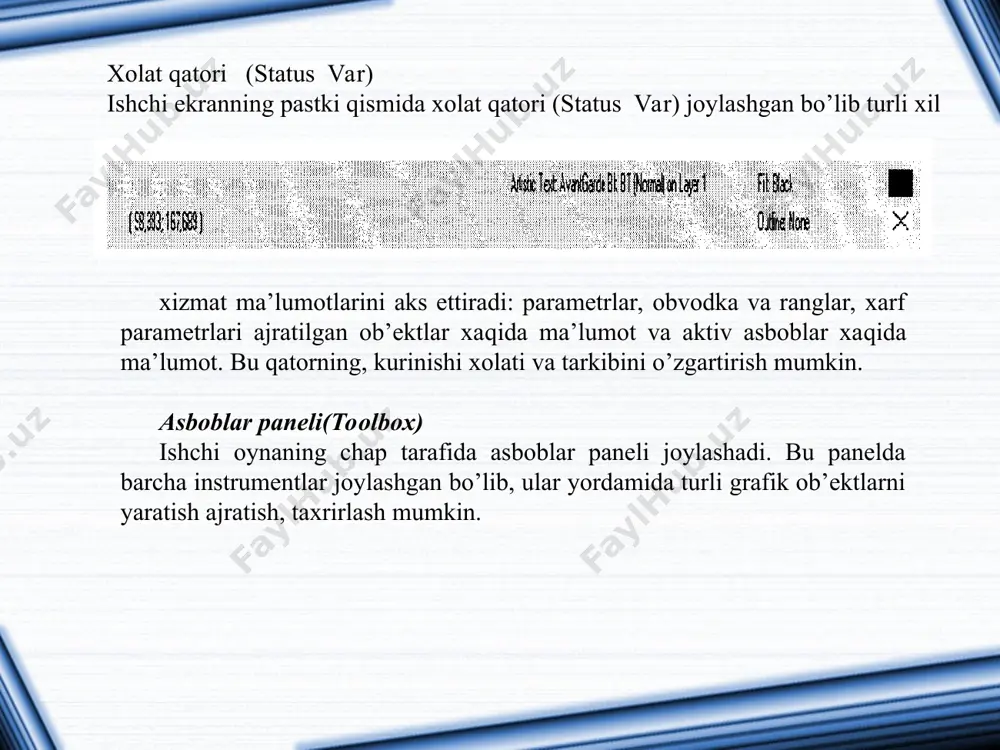 a tushunish mumkin. кo’pburchakning bir varianti sifatida yulduzchani olish mumkin, bunda ichki chizilgan ko’pburchakni maydonini kesib utadi. кo’pburchakni yoki yulduzchani chizish to’rtburchak chizishdan farqi yo’k. s1g1 tugmasini bosib turgan xolda muntazam ko’pburchak chiziladi. кupburchak parametrlarini ob’ekt xossalari paneli orqali o’zgartirish mumkin. shuni aytib utish kerakki dasturda ba’zi kelishmovchiliklar xam bor. masalan, parametrlar muloqot oynasida ko’pburchakning yulduzcha shaqlidagi yana bir turi mavjud. (ro1ugon as star) кoordinata qog’ozli asbobi (graph paper) кordinata qog’ozli asbob berilgan parametrli reshyotka yaratish imkonini beradi.bunday reshyotkani grafiklar yoki diagrammalar uchun koordinatali asos qilib olish mumkin.bu instrument parametrlarini, parametrlar muloqot oynasida koordinatali qog’oz bo’limida o’zgartirish mumkin. yacheykalar soni maydonida eniga (number of cells wide) buyiga (number of cells high) ko’ra yacheykalar miqdorini o’zgartirish mumkin.кvadrat yacheykali reshyotkalarni tayyorlash uchun tugmasini bosib turish kerak. chizish asboblari (freehand). chizish asboblari istalgan chiziklrni chizish uchun mo’ljallangan. bu asbob ishi natijasida vektorli kontur xosil bo’lib bu kontur tayanch nuqtalari dastur yordamida avtomatik qo’yiladi. …