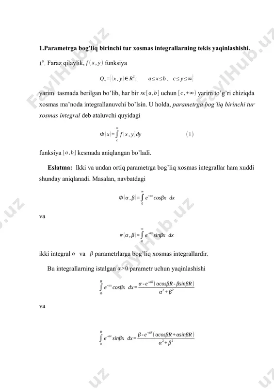 mayib, shartni qanoatlantirsin, bu yerda m o’zgarmas va ga bog’liq emas. u holda xosmas integral parametr bo’yicha tekis yaqinlashadi. isbot:agar va deb belgilasak, (8) xosmas integral yaqinlashgani uchun, kattalik r o’sganda monoton kamayib, da nolga intiladi. keyingi mulohazalar (2) teorema isbotiga o’xshash bo’lib, quyidagi ikkinchi o’rta qiymat formulasiga asoslanadi. bu formuladan, (9) shartlarni hisobga olsak, baho kelib chiqadi. demak, teorema o’rinli ekan. faraz qilaylik, funksiya uzluksiz bo’lib, lokal integrallanuvchi bo’lsin. parametrga bog’liq xosmas integrallarning quyidagi maxsus ko’rinishini o’rganamiz. buning uchun funksiyalar ketma-ketligini kiritamiz. agar (10) integral biror funksiyaga tekis yaqinlashsa, ketma-ketlik ham da faqat ga tekis yaqinlashadi. boshqacha aytganda, bo’yicha tekis ravishda limitning mavjudligidan bo’yicha tekis ravishda ketma-ketlik limitining mavjudligi kelib chiqadi. ammo teskarisi o’rinli emas. masalan, va funksiyalar uchun c=0 da tenglik o’rinli bo’lib, (13) limit mavjud va u nolga teng. lekin unga mos (12) limit mavjud emas, chunki ammo, shunga qaramasdan, agar va funksiyalar manfiymas bo’lsa, teskari tasdiq …
