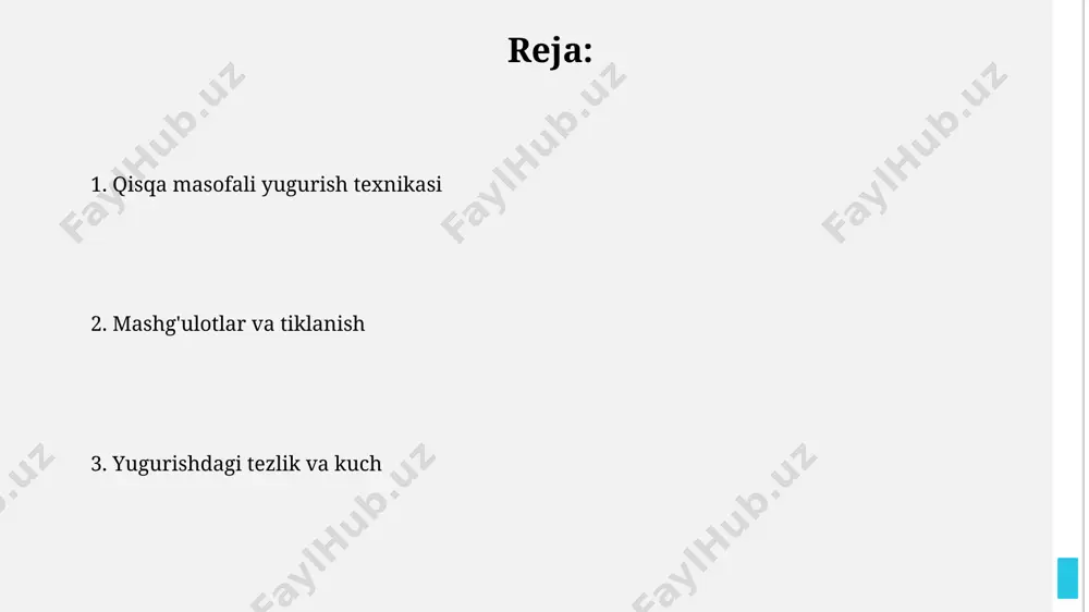 ish), suv balansini nazorat qilish va sport rejimiga amal qilish muhim ahamiyatga ega. mushaklarning roli va jarohatlarning oldini olish yuqori tezlikdagi yugurishda, 100 metrgacha masofalarda, oyoq mushaklarining tezligi va kuchining muvozanati juda muhim, chunki noto'g'ri yuklanish tendinit va mushak yirtilishiga olib kelishi mumkin. mushaklarning kuchini va chidamliligini oshirish uchun haftasiga kamida 3 marta kuch mashqlari bilan shug'ullanish, ayniqsa, oyoq va son mushaklariga e'tibor qaratish, jarohatlarning oldini olishda muhim rol o'ynaydi. e'tiboringiz uchun rahmat @taqdimot_robot image1.jpg image2.jpg image3.jpg image4.jpg image5.jpg image6.jpg