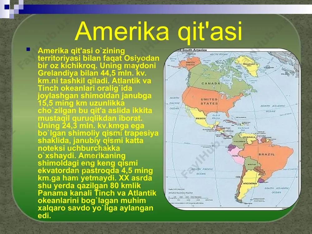 a, tundra va tropik urmonlar, cheksiz dashti biyobon va preriylar, katta-kichik ko`llar va daryolar inson uchun zarur maxsulotlar yetkazib beradi. markaziy amerika xalqlari amerika qit'asining aqsh bilan meksika chegarasidan janubiy qismini odatda lotin amerikasi deb ataydilar. ba'zan etnogeografik jihatdan meksika, markaziy amerika va vest-indiya maxsus rayoni qilib ajratilgan va unga mezoamerika (o'rta yoki markaziy amerika) deb nom berilgan. bu yerda 30 ta mustaqil davlat va bir necha hozirgacha mustamlaka holatdagi mamlakatlar mavjud. lotin amerikasi 20,1 million km kvadrat maydonni egallagan. latin amerikasi aholisining etnik qiyofasi ham turlicha.uzoq yillar davomida mahalliy tub axoli bilan kelgindi yevropaliklar va millionlab qul qilib keltirilgan afrikaliklar avlodlari aralashmasidan paydo bo'lgan hozirgi mamlakatlar aholisining o'ziga xos milliy madaniyat, mehnat va xalq ijodi an'analarini shakllantirgan. regionning rang-barang tabiati, ularning xo'jalik tiplari madaniyat xususiyatlariga zo'r ta'sir o'tkazgan. nixoyat zo'r tabiiy boyliklarga ega bo'lgan mazkur regionni " jaxonning xazinasi " deb xam ataganlar. ammo boy tabiatli latin amerikasi umuman …
