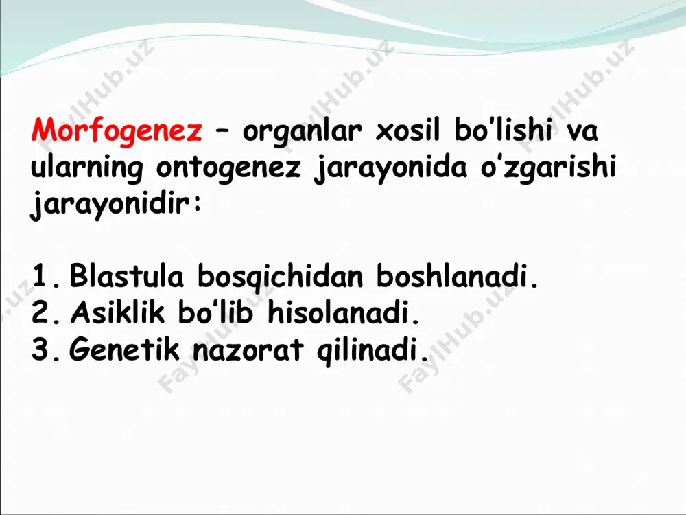 asiyasini ta’minlovchi moslanishlarni paydo bo’lishi. ernest gekkel senogenezlar voyaga yetgan organizmlarda senogenezlar saqlanmaydi. filembriogenezlar embriogenezda namoyon bo’ladigan ontogenezning o’zgarishlari ajdodlar uchun xos bo’ladi, lekin voyaga etgan organizmlarda ular adaptiv hususiyatga ega. а.n. seversov 15 fiembriogenezlar аnaboliyalar deviasiyalar аrhalaksislar аnaboliyalar - organ o’z rivojlanishini tugatgandan so’ng oxirgi bosqichlarda paydo boladi. - oxirgi natijani o’rnini bosuvchi qo’shimcha bosqichlarni qo’shilishi bilan bog’lik. 1) baliq chavoqlarida normal suzgichlarning hosil bo’lishi; 2) yirik baliq lichinkasida oldingi suzgichlarning shakllanishi; 3) voyaga yetgan baliqda suzgichlarning qo’l barmoqlari o’simtasi sifatida shakllanishi. аnaboliylar deviasiya organlar morfogenezi jarayonida o’rta bosqichlarida o’zgarishlarni paydo bo’lishi. http://elementy.ru/news/432030 аrxalaksislar organlar shakllanishining erta bosqichlarida aniqlangan o’zgarishlar bo’lib ular yangi belgilarning paydo bo’lishiga yoki ularning differensiyasini buzilishiga olib keladi. suyakli (а)va muguz(b) tangalarning , patlarning (в) va sochlarning (г) umurtqaninig rivojlanish sxemasi. оntogenezning buzilishi geterohroniyalar geterotopiyalar geterohroniyalar bosh miya rivojlanishi (sxema). а –beshta miya pufagi: 1 – birinchi pufak (telencephalon – orqa miya); 2 – ikkinchi …