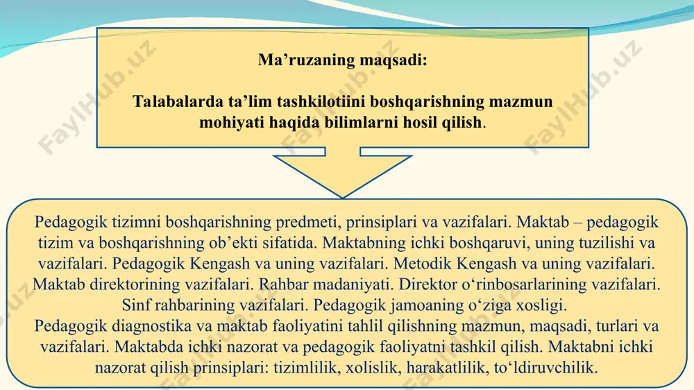 olishga o’rgatish) ota ona(vasiy)larning huquq va majburiyatlari ma’muriy va yordamchi xodimlarning huquq va burchlari o’qituvchining huquq va burchlari o’quvchining huquq va burchlari o’quv-tarbiya va ilmiy-uslubiy ishlarni tashkil etish tt ni boshqarish tt ning maqsad va vazifalari tt haqida qisqacha ma’lumot tt moddiy va moliyaviy xo’jalik ta’minoti psixolog boshlang’ich bo’yicha director o’rinbosari 1-4 sinflar ota-onalar qo’mitasi kasaba uyushma qo’mitasi vasiylik va xomiylik kengashi jamoatchilik tashkilotlari tt boshqaruvini funksional tashkil etish chizmasi direktor jamoaviy boshqaruv organlari ли direktorning mm ishlar bo’yicha o’rinbosari xo’jalik ishlari bo’yicha director o’rinbosari sinf rahbarlari metodik bilashmalar yoshlar etakchisi to’garaklar kutubxona 1-11 sinflar pedagogik kengash metodik kengash yoshlar ittifoqi tt kengashi hisobchi - direktorning o’quv-tarbiyaviy ishlari bo’yicha o’rinbosari pedagogik kengash tа’lim muаssаsаlаridа o’quv-tаrbiya jаrаyonini rivоjlаntirish, tаkоmillаshtirish, muаssаsа fаоliyati bilаn bоg’liq bаrchа tаshkiliy mаsаlаlаrni muvоfiqlаshtirish, pedаgоglаrning kаsb mаhоrаti vа ijоdkоrligini o’stirish mаqsаdidа pedаgоgikа kengаshi fаоliyat ko’rsаtаdi. pedаgоgik kengаsh o’z fаоliyatini o’zbekistоn respublikаsi kоnstitutsiyasi vа qоnunlаri, o’zbekistоn respublikаsi prezidentining qаrоr, …