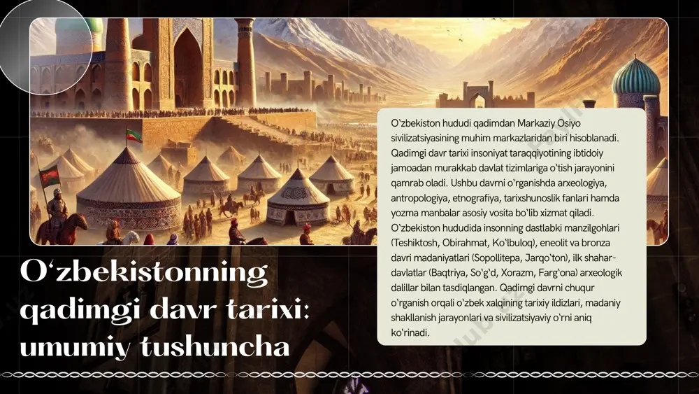 rgiya rivojlanib, dastlab mis, keyinchalik bronzadan asboblar yasash an’analari paydo bo‘ldi. kulolchilik markazlari tashkil topib, bezakli va oddiy sopol buyumlar tayyorlandi. mehnat taqsimoti kuchaydi: erkaklar asosan dehqonchilik va chorvachilik bilan shug‘ullangan bo‘lsa, ayollar kulolchilik va to‘qimachilik sohasida faoliyat yuritgan. bu davr jamiyatida ijtimoiy tabaqalanishning dastlabki shakllari paydo bo‘lib, qishloq jamoalari o‘rniga yirikroq manzilgohlar shakllandi. sopollitepa madaniyati (mil.avv. ii ming yillik o‘rtalari) 1. 2. o‘rganilishi va joylashuvi sopollitepa surxondaryo viloyati hududida joylashgan bo‘lib, o‘z nomini arxeologik qazishmalar vaqtida topilgan sopol buyumlardan olgan. ushbu yodgorlik 1968-yilda mashhur arxeolog l. albaum tomonidan aniqlangan. keyinchalik 1969–1974-yillarda akademik a. asqarov rahbarligida kompleks ilmiy tadqiqotlar olib borildi. o‘rganish jarayonida qadimgi jamiyatning xo‘jalik faoliyati, mehnat qurollari, yashash joylari va mudofaa tizimlari haqida qimmatli ma’lumotlar to‘plandi. bu sopollitepaning markaziy osiyo tarixidagi o‘rni naqadar yuksakligini ko‘rsatadi. shahar tuzilishi va mudofaa tizimi sopollitepa o‘z davrida ilk shahar tipidagi manzilgoh sifatida shakllangan bo‘lib, umumiy maydoni 3–4 gektarni tashkil etgan. markazida mustahkam …
