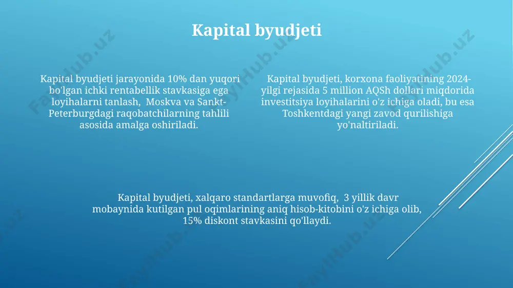 radi. moliyaviy modellashtirish молиявий моделлаштиришда, масалан, 5 йиллик давр учун прогноз қилинаётган 10% ўсиш суръати билан тошкент шаҳридаги корхонанинг даромадини башорат қилиш учун турли сценарийлардан фойдаланиш мумкин. самарқанд вилоятидаги кичик корхоналар учун молиявий моделлаштиришда, 3 та асосий параметр – фойда маржаси, активлар айланиши ва капиталнинг самарадорлигини таҳлил қилиш муҳим аҳамиятга эга. 2023 йилдаги маълумотларга кўра, ўзбекистоннинг бир қанча банкларида қўлланиладиган молиявий моделлаштириш методологияси, активларни бошқаришдаги самарадорликни 15% га ошириш имкониятини беради. divident siyosati dividendlarni to'lash miqdori kompaniyaning moliyaviy holati, kelajakdagi investitsiya rejalari va 10% dan kam bo'lmagan daromadlilikka erishish imkoniyatlariga bog'liq, masalan, germaniya kompaniyalari tajribasida ko'rinib turibdi. ba'zi kompaniyalar, masalan, xitoyning yirik korporatsiyalari, o'zlarining dividend siyosatlarini diversifikatsiya qilish uchun, 3 dan 5 yilgacha bo'lgan muddatga dividendlarni to'lash rejasini tuzadilar va bu strategiya ularga barqaror o'sishni ta'minlaydi. dividend siyosatining asosiy maqsadi kompaniyaning bozor qiymatini oshirish bo'lib, bu 2023 yilgi tadqiqotlarga ko'ra, 5% dan 15% gacha o'sishi mumkinligini ko'rsatmoqda, ayniqsa, aqsh bozorida. …