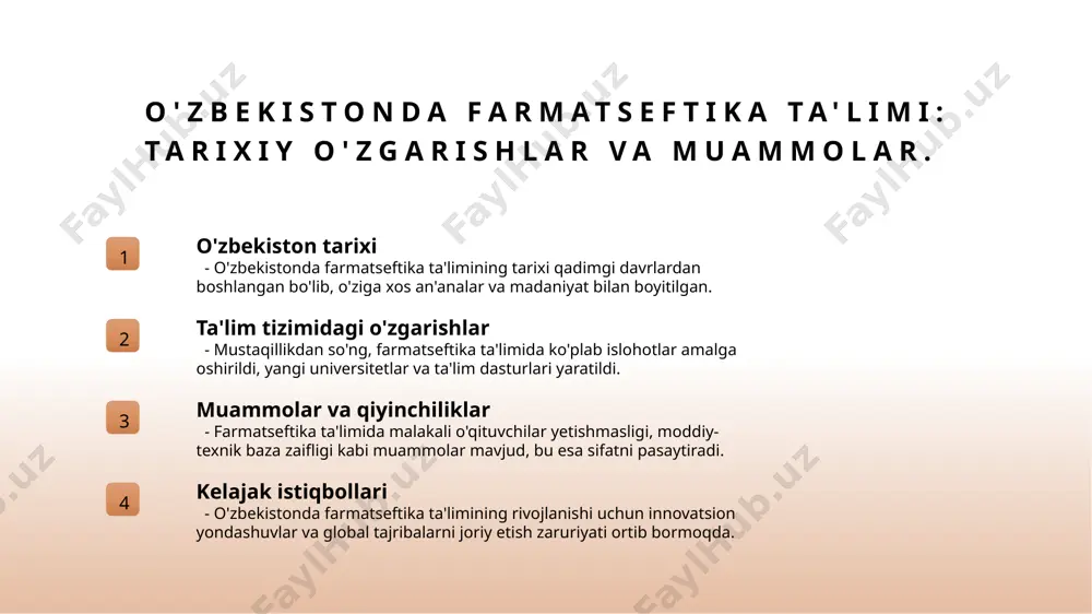 gik yondashuvlari, masalan, flipped classroom usuli, ta'lim jarayonini samarali qilib, talabalar bilan muloqotni kuchaytiradi. global ta'sirni hisobga olgan holda o'quv jarayonini takomillashtirish. 1 global standartlar farmatseftika ta'limida global standartlar o'quv jarayonini takomillashtirishda muhim rol o'ynaydi, talabalar va o'qituvchilar uchun yangi imkoniyatlar yaratadi. 2 innovatsion yondashuvlar innovatsion pedagogik yondashuvlar, masalan, muammoli asosda o'qitish va interaktiv o'qitish metodlari, o'quv jarayonini samarali qiladi va talabalar ishtirokini oshiradi. 3 xalqaro hamkorlik xalqaro hamkorlik orqali o'quv dasturlarining takomillashtirilishi, tajriba almashish va zamonaviy usullarni o'zlashtirish imkonini beradi, bu esa farmatseftika ta'limining sifatini oshiradi. zamonaviy pedagogik yondashuvlar va ularning farmatseftika ta'limiga ta'siri. 1 zamonaviy yondashuvlar zamonaviy pedagogik yondashuvlar, o'quv jarayonini talabalarning ehtiyojlariga moslashtirishga qaratilgan. bu, o'quvchilarning faol ishtirokini ta'minlaydi. 2 o'qitish metodlari interaktiv o'qitish metodlari, masalan, guruhli muhokama va simulyatsiyalar, farmatseftika ta'limida talabalarning analitik fikrlash qobiliyatini oshiradi. 3 texnologiyaning roli zamonaviy texnologiyalar, masalan, onlayn ta'lim platformalari va virtual laboratoriyalar, farmatseftika ta'limida taqdimot va tajriba imkoniyatlarini kengaytiradi. 4 …