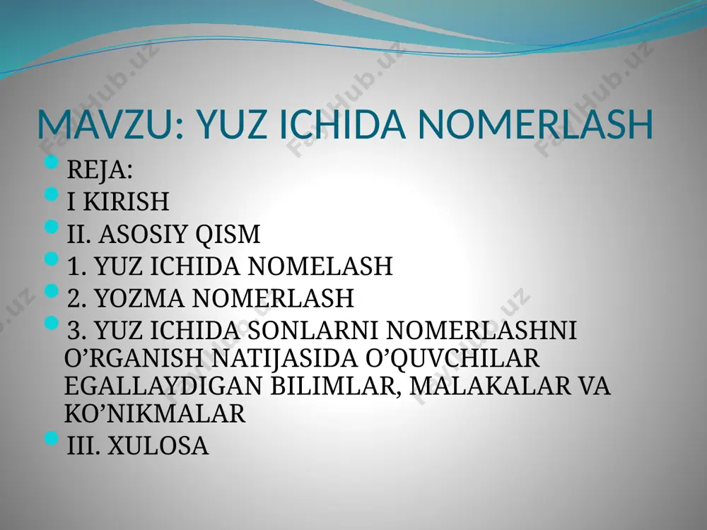 kmalarga ega bo’lishlari kerak: umumiy matematik tushunchalar; fikrlar, “va”, “yoki”, “emas” so’zlarining ma’nosi; kvantorlar haqida tushuncha; to’plamlar va ular orasidagi munosabatlar; munosabat va moslik haqida tushunchalar; sonlarning o’nli sanoq sistemasidagi yozuvini o’zlashtirish; o’nli sanoq sistemasida ko’p xonali sonlar ustida arifmetik amallar bajarish, puxta hisoblash ko’nikmalarni hosil qilish; manfiy bo’lmagan butun sonlarning bo’linuvchanligi; bir o’zgaruvchili tenglama va tengsizliklarni yechish; matematika o’qitish metodikasi fanining boshqa fanlar bilan bog’liqligi; boshlang’ich matematika fanining tuzilish xususiyatlari; boshlang’ich sinf matematika fanining dasturi, dts, o’qituvchi va o’quvchilar uchun nashr etilgan o’quv qo’llanmalarining mazmunini bilish; ko’rgazma qurollar va texnika vositalaridan foydalanish; matematika fanidan ma’lum bo’lim va mavzularni o’rgangandan so’ng biror darsning ishlanmasini tuzish; sinfdan tashqari ishlarni tashkil qilish xususiyatlari, ularning turlari. fanni o’rganish natijasida o’quvchilar quyidagi bilimlarga ega bo’lishlari kerak: matematika o’qitish metodikasining maqsad va vazifalarini, tarkibiy qismini; matematik jumlalarni to’g’ri tuzish va ifoda etish; natural son va nol to’g’risidagi tasavvurlarni shakllantirish, tartibiy natural sonlarning ma’nosi. narsalarni sanash …