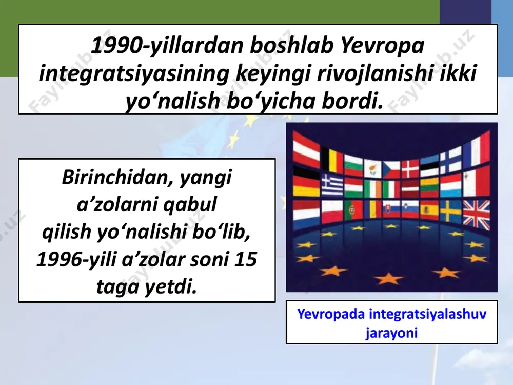 sida kelishuv imzoladi va transatlantik iqtisodiy kengash joriy qildi. 2000-yillar boshlarida ikki tomon energetika samaradorligi, xavfsizlik va iqlim o‘zgarishi to‘g‘risida bayonot, iqlim o‘zgarishi to‘g‘risida bmt ning parij konvensiyasini imzoladi. aqsh va yi yagona yevroatlantik sivilizatsiyaning vakillari bo‘lib, bu ular o‘rtasidagi munosabatlarni belgilovchi asosiy omil hisoblanadi. savol va topshiriqlar 1. 1990-yillari yevropa integratsiyasi qanday yo‘nalishlar bo‘yicha davom ettirildi? 2. buyuk britaniyaning yidan chiqishiga qanday omillar sabab bo‘ldi? 3. yi va aqsh munosabatlari qanday hujjatga asoslanadi? 4. yi va aqsh o‘rtasida qanday masalalar bo‘yicha kelishmovchiliklar mavjud? image2.jpg image3.jpeg image4.png image5.jpeg image6.jpeg image7.jpg image8.jpeg image9.jpeg image10.jpeg image11.jpeg image12.jpeg image13.png image14.jpeg image15.jpeg image16.jpeg image17.jpeg image18.png image1.jpg carlos moedas, member of the ec, at the signing ceremony of an agreement to facilitate research cooperation between the european union and the united states within the framework of horizon 2020 /docprops/thumbnail.jpeg